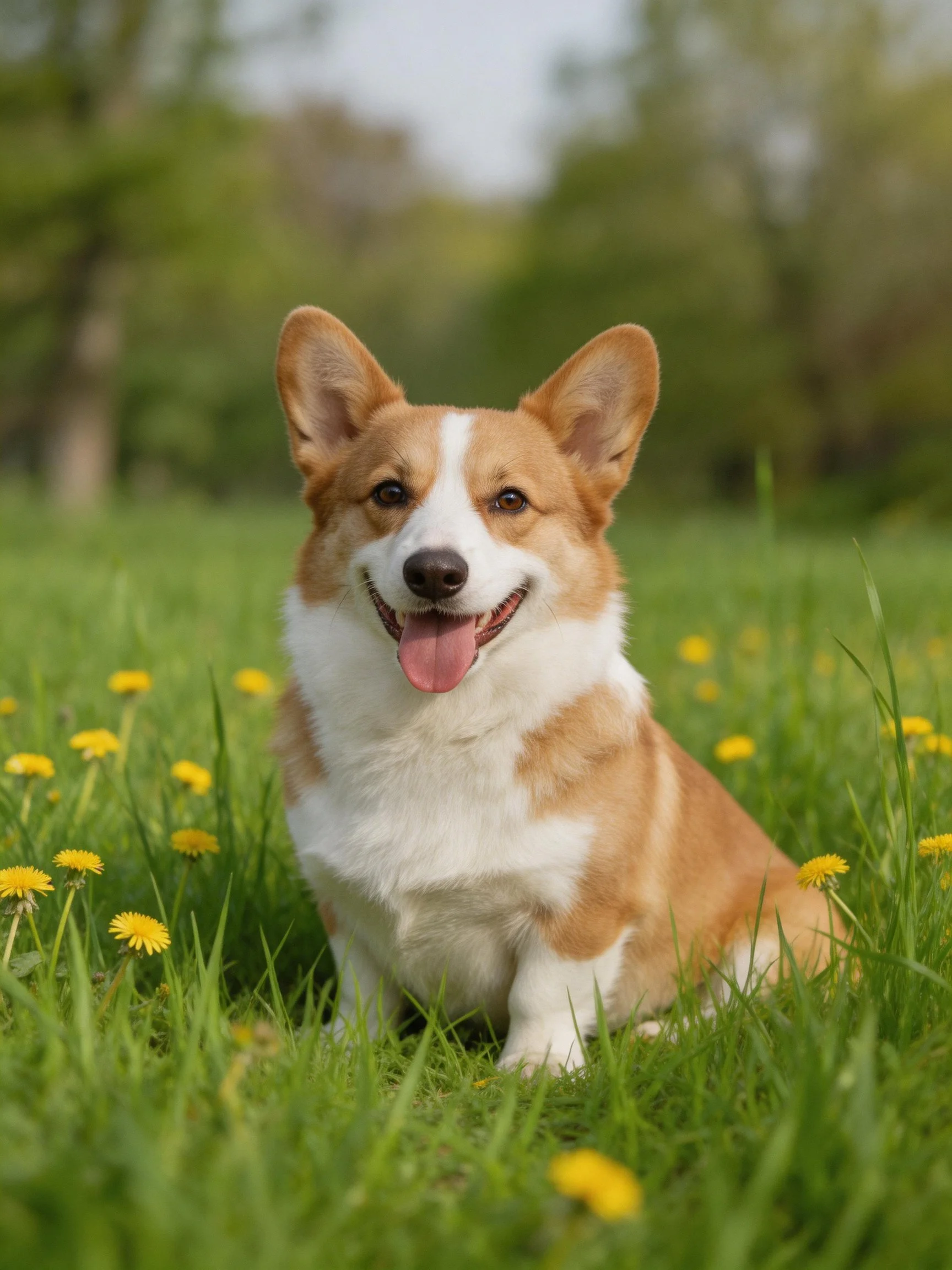 A corgi dog sitting in green grass with yellow dandelions