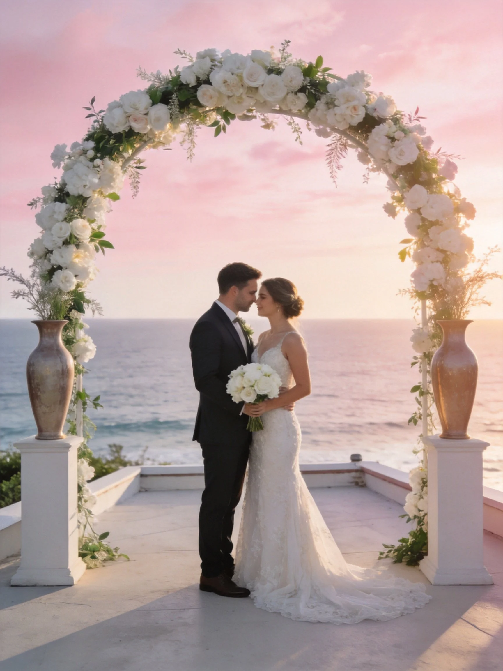 A couple under a large white floral arch by the ocean