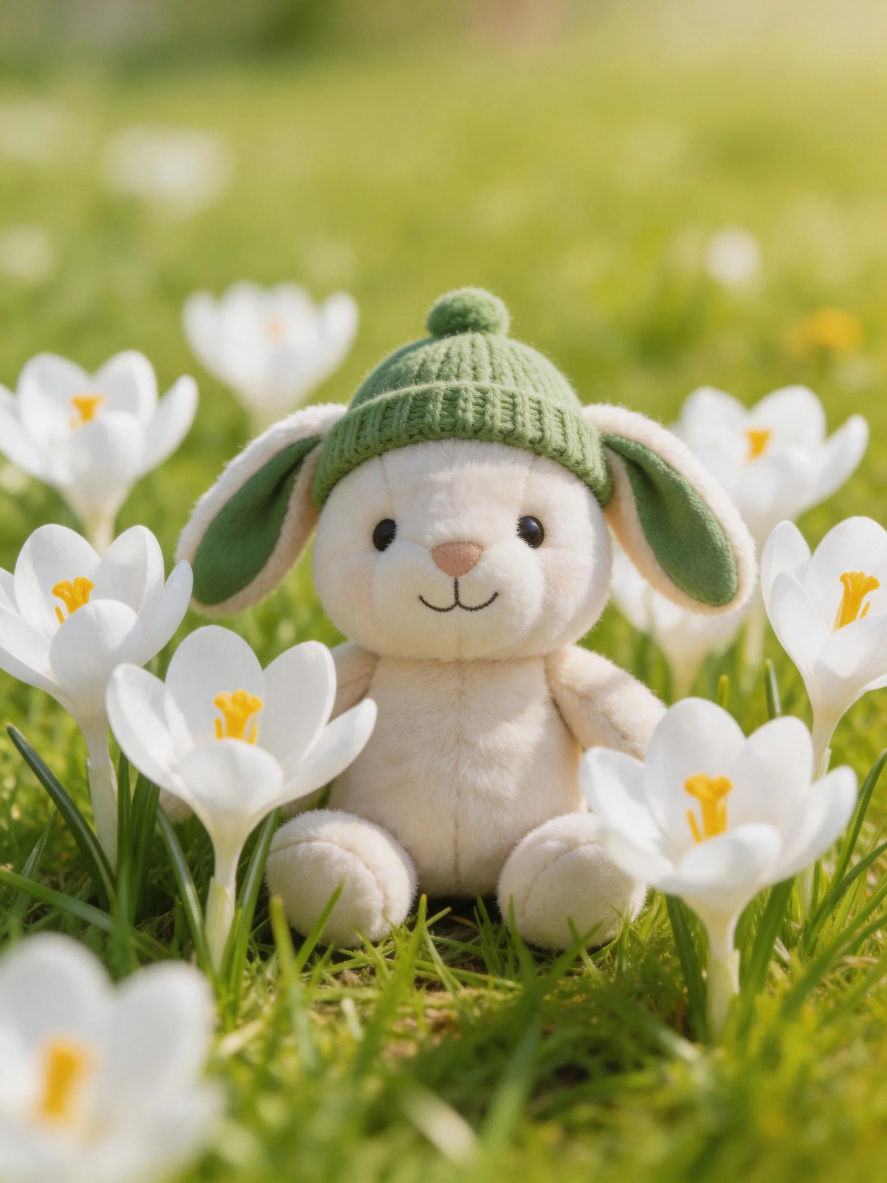 A cream - colored stuffed bunny with a green knit hat sits among white crocus flowers on green grass