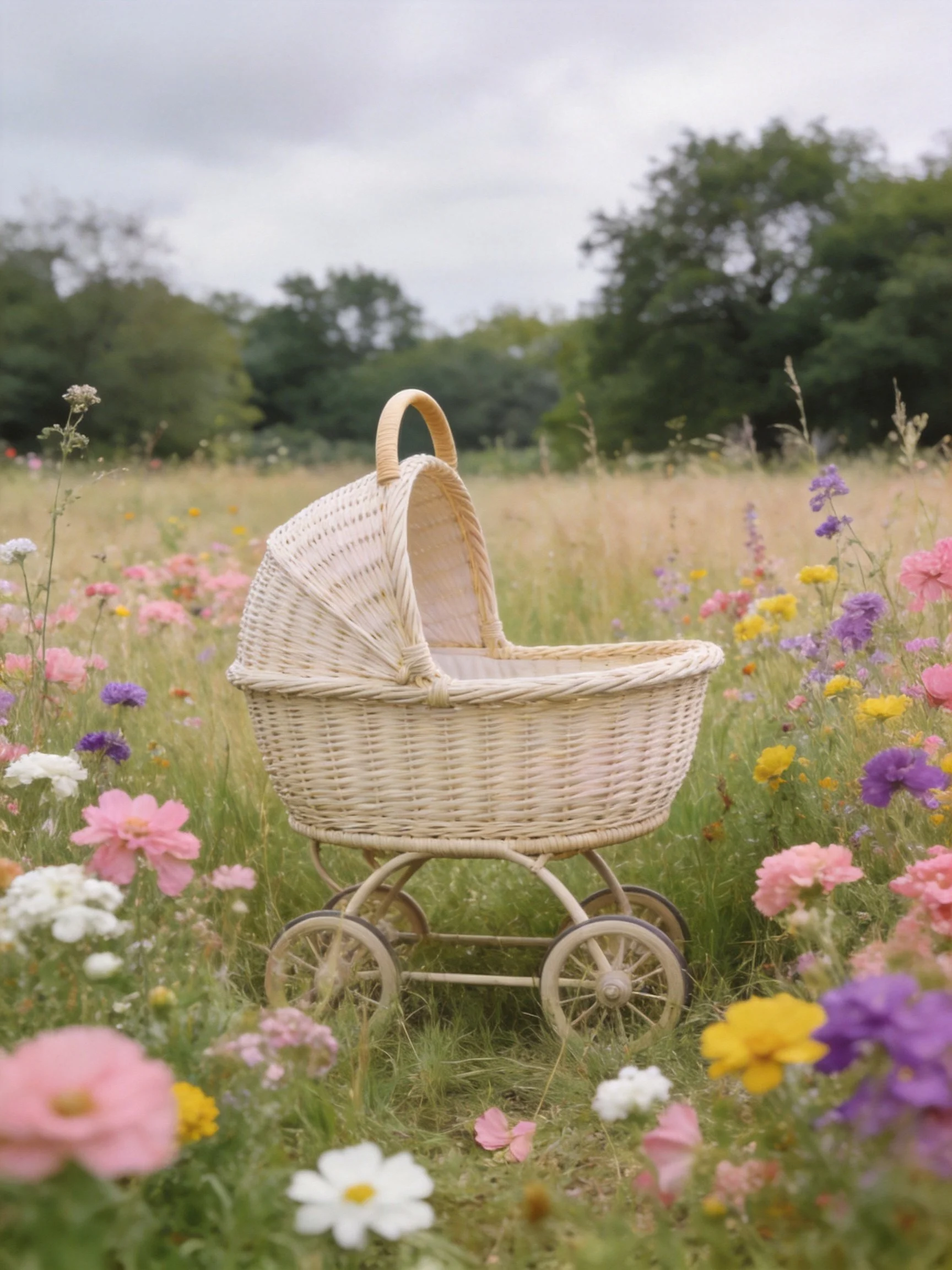 A cream - colored wicker bassinet among vibrant wildflowers in an open meadow