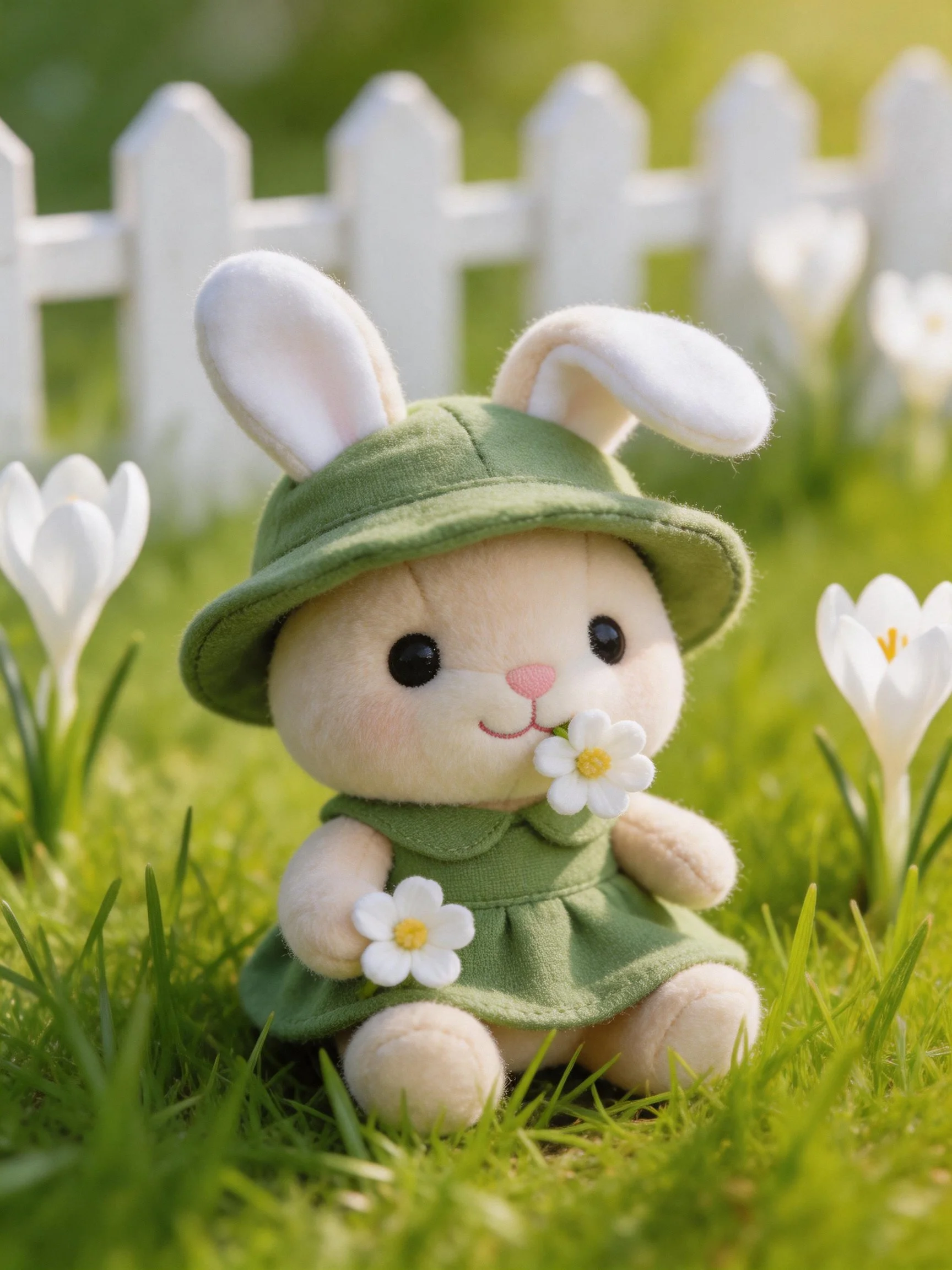A cream - hued stuffed bunny in green attire among white crocus flowers