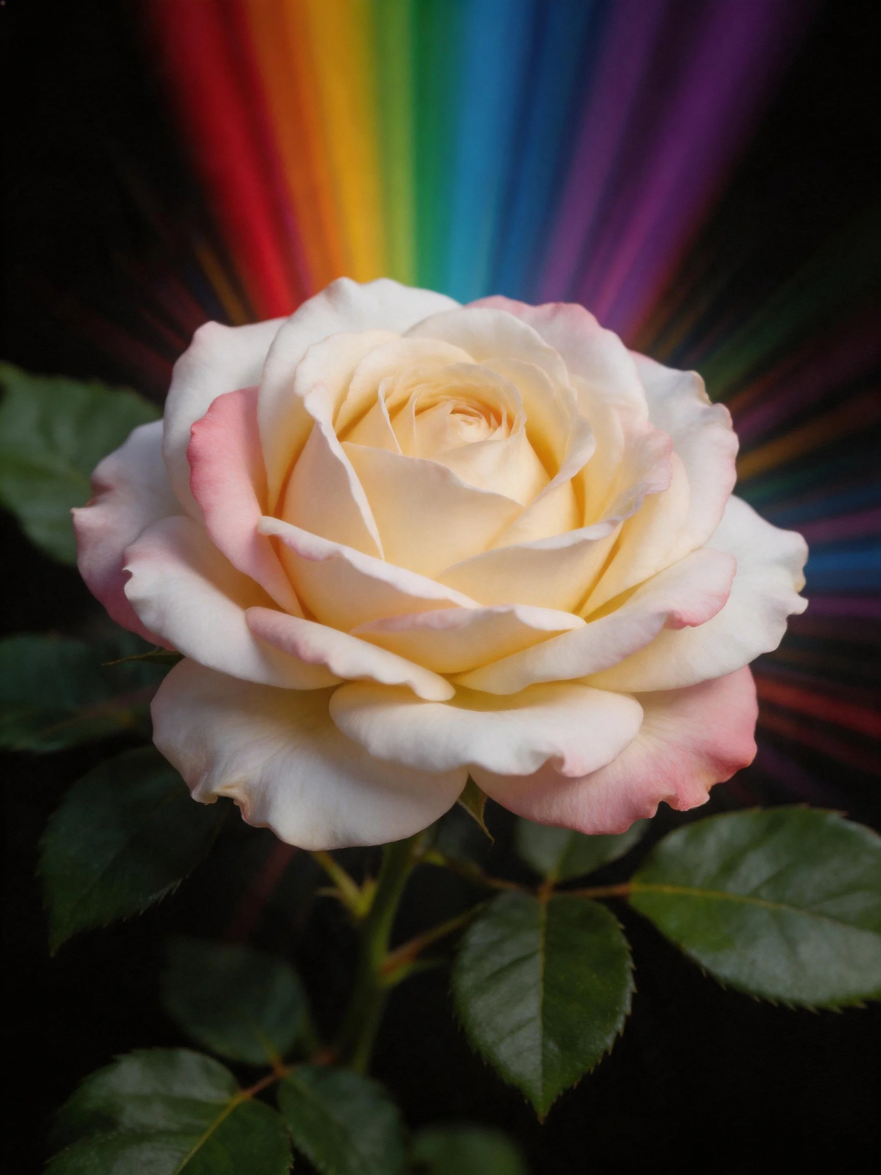 A cream-pink rose with green leaves and rainbow light bursts