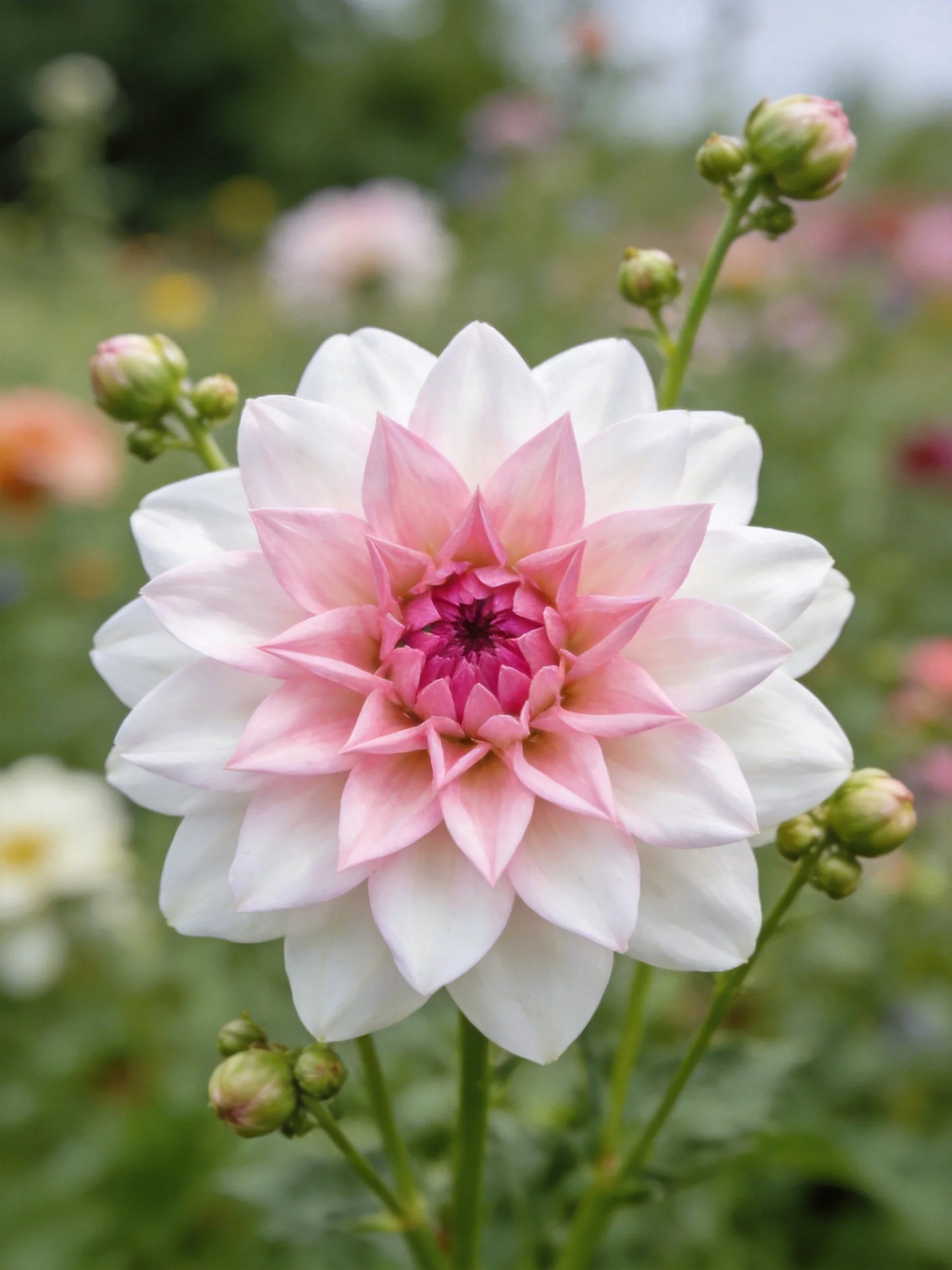 A dahlia with white and pink petals near green buds