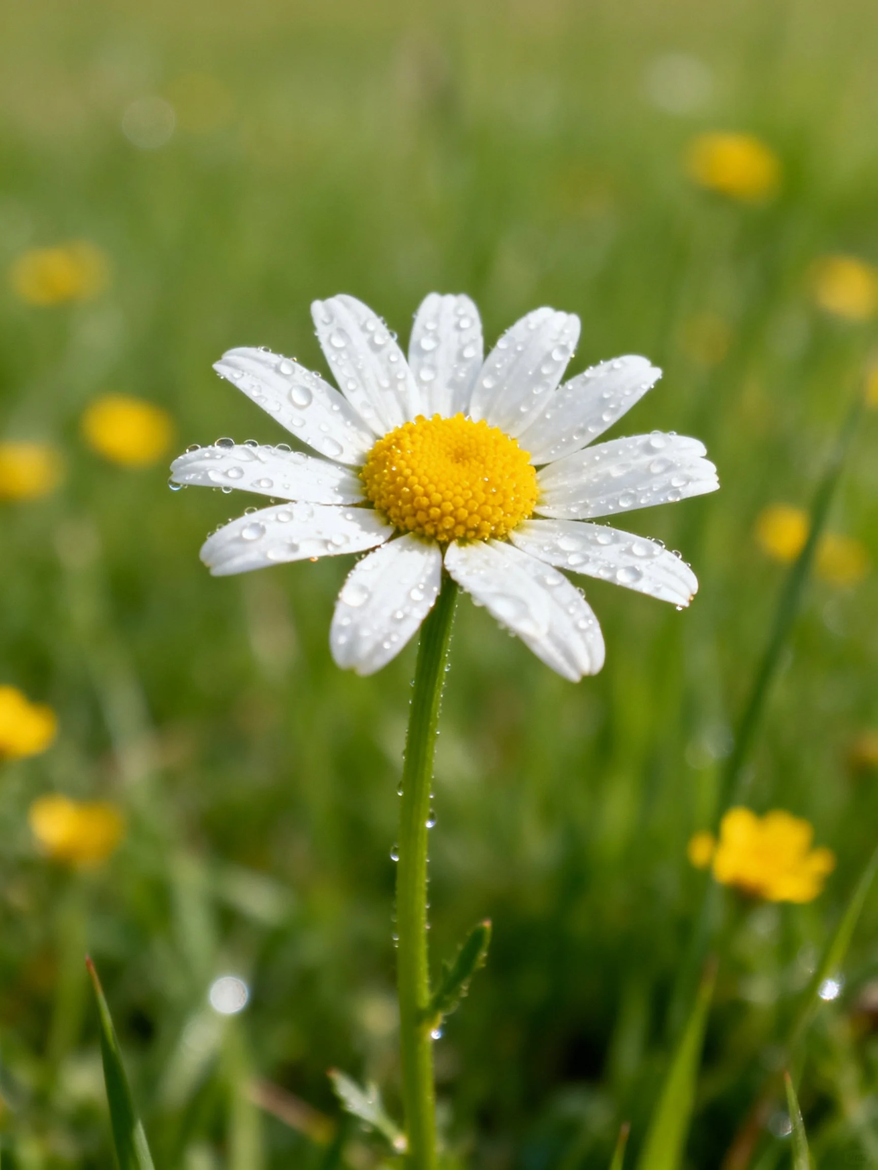 A daisy with dew drops in a green meadow