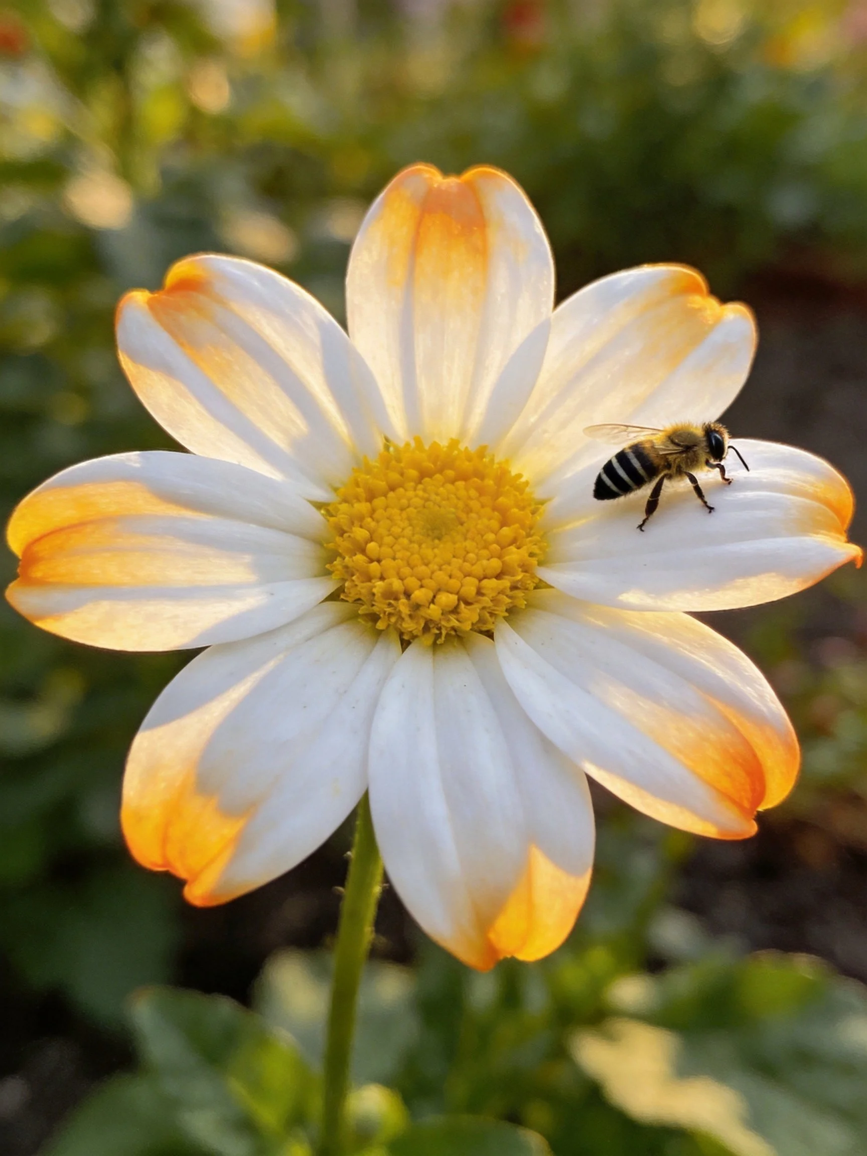 A daisy with orange-tipped petals and a bee on its petal