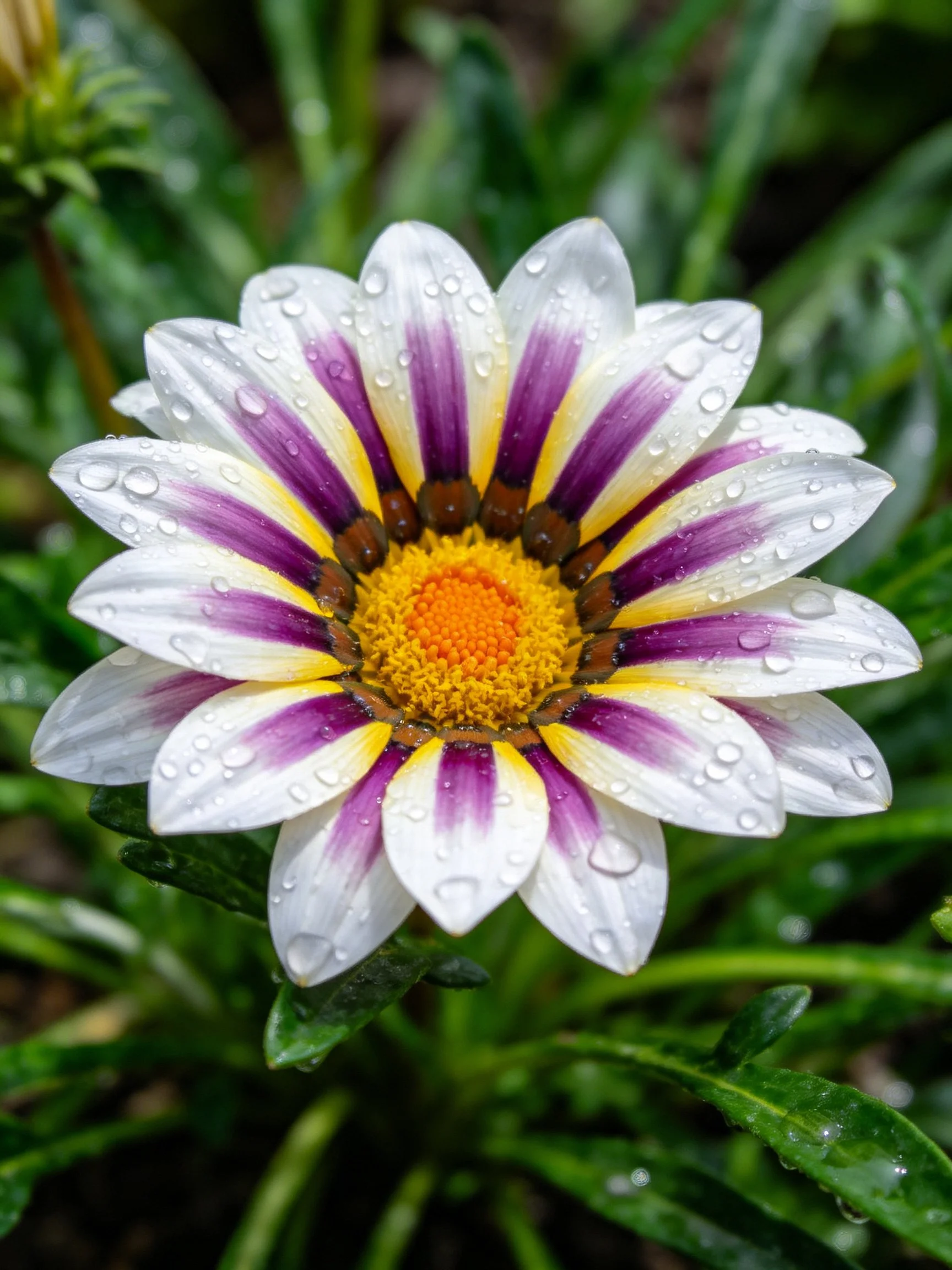 A daisy with purple and yellow striped petals and water droplets
