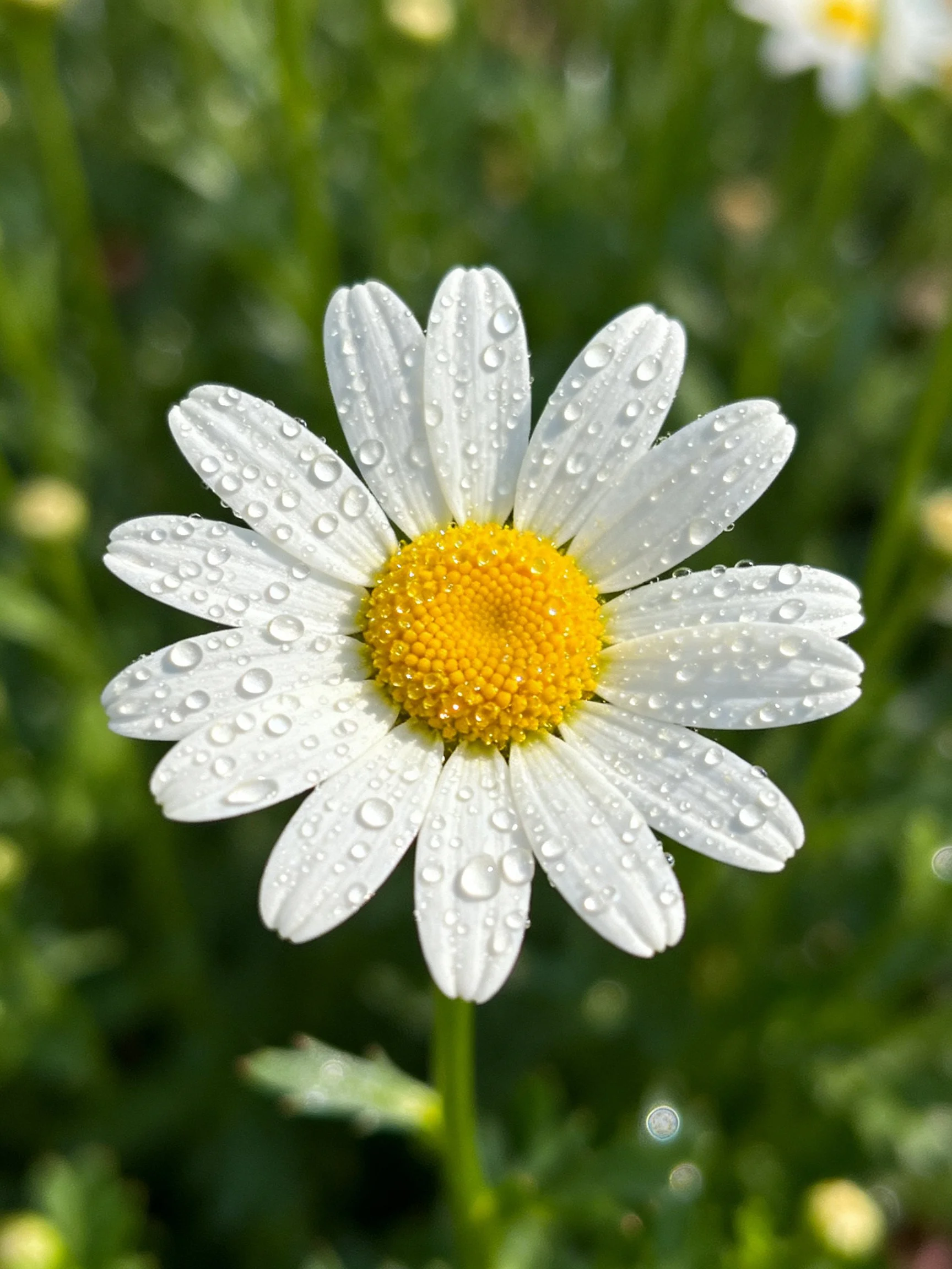 A daisy with white petals, water droplets, and a yellow center