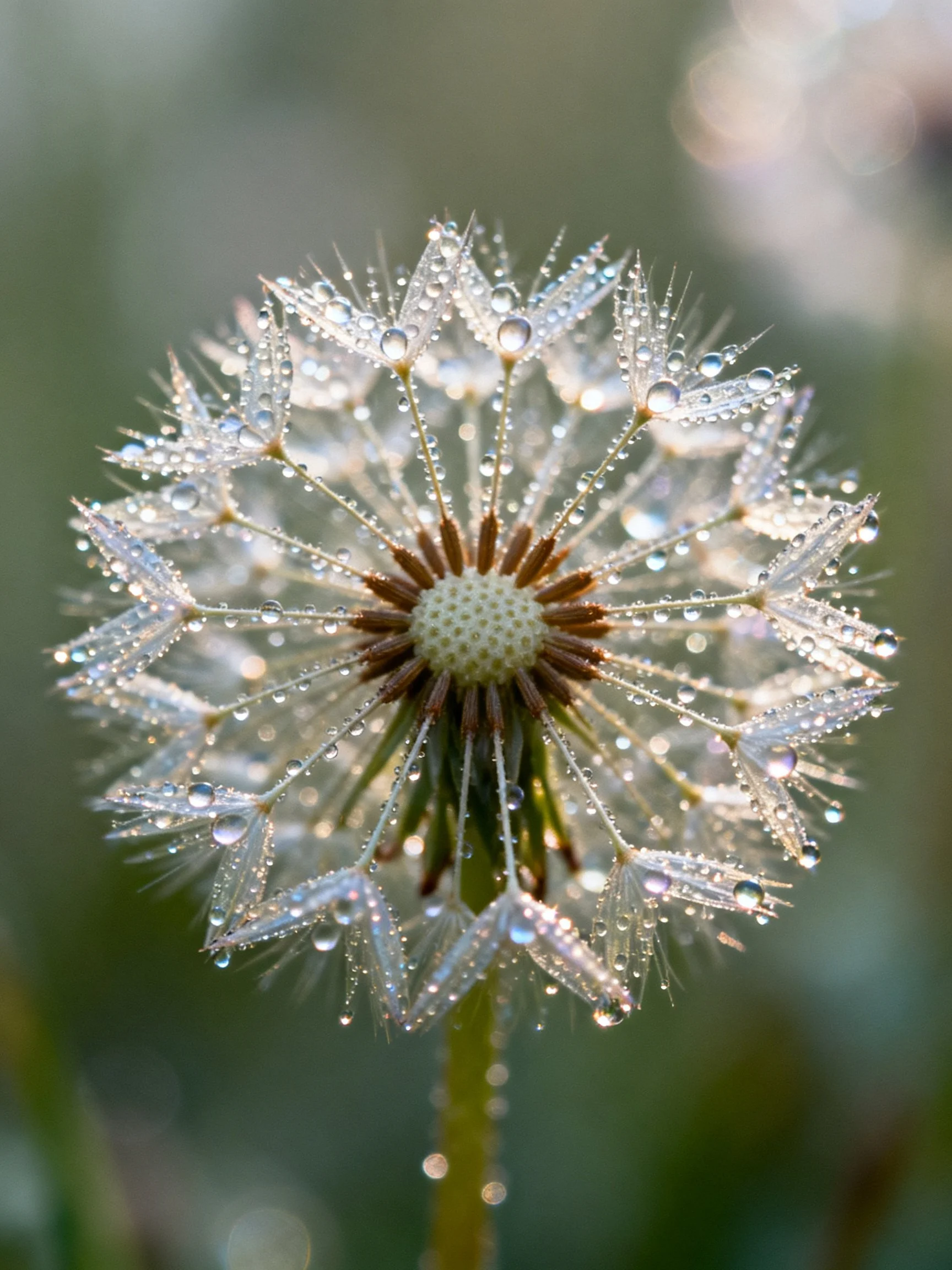 A dandelion seed head covered in glistening water droplets