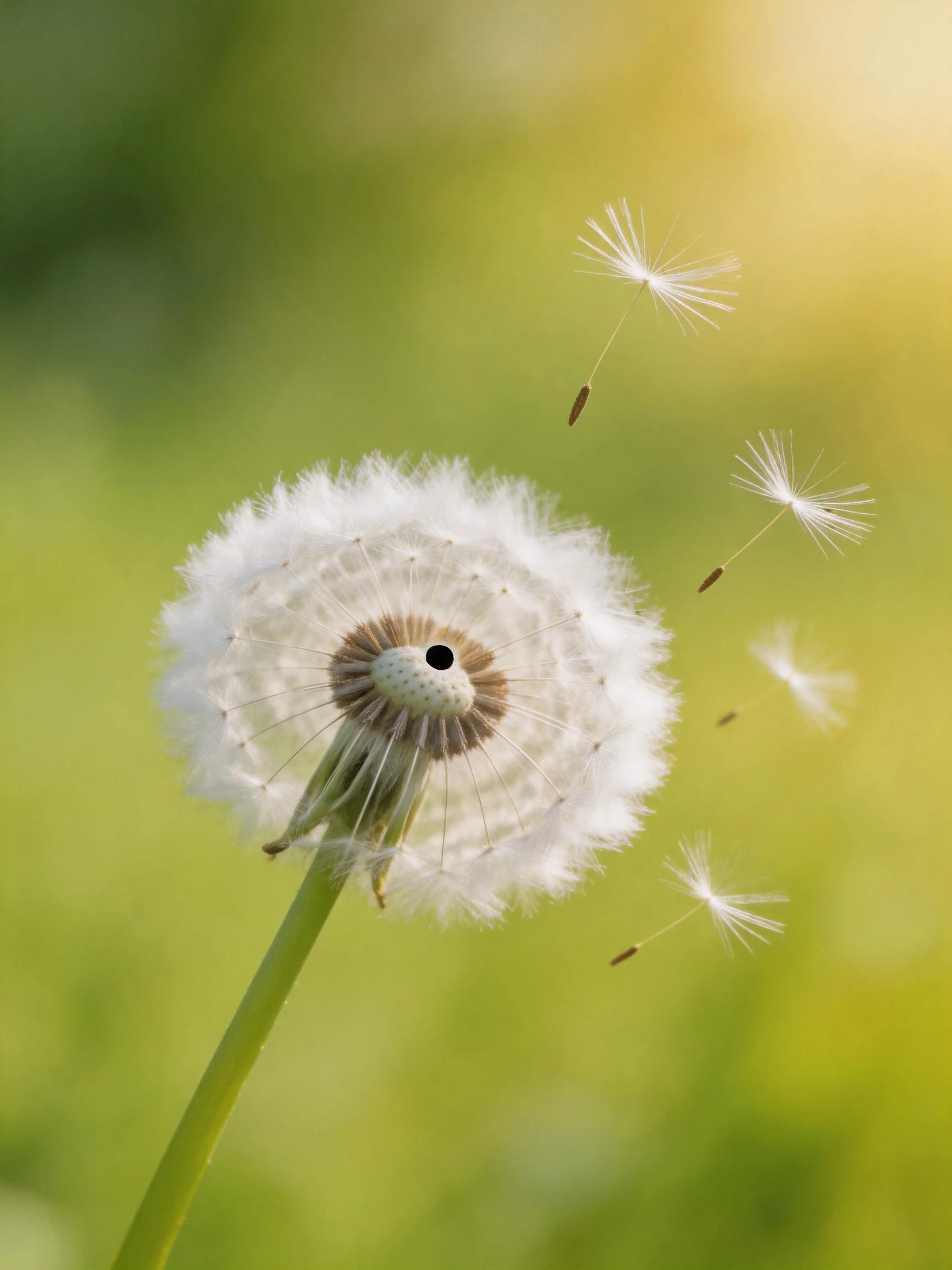 A dandelion seed head releasing delicate white seeds amid a soft green-yellow blur