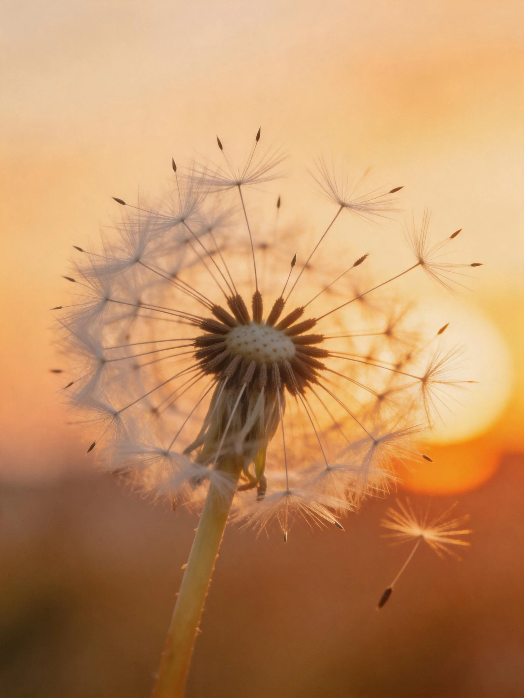 A dandelion seed head with delicate seeds against a golden sunset