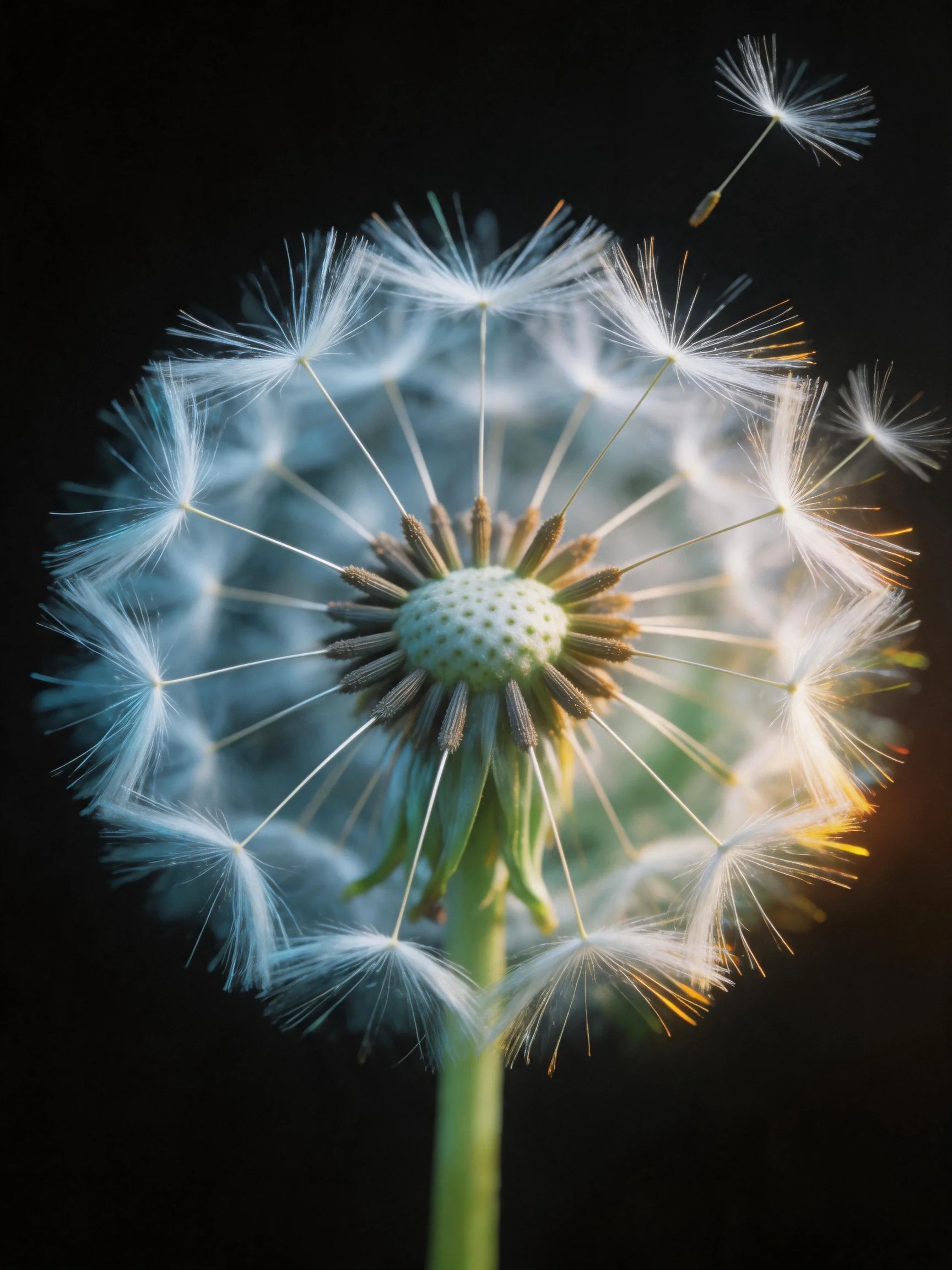 A dandelion seed head with floating seeds against a dark background