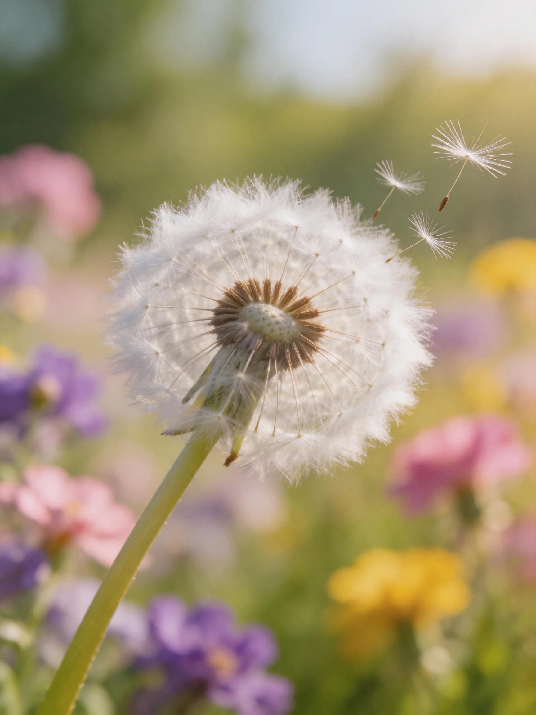 A dandelion seed head with floating seeds among colorful flowers