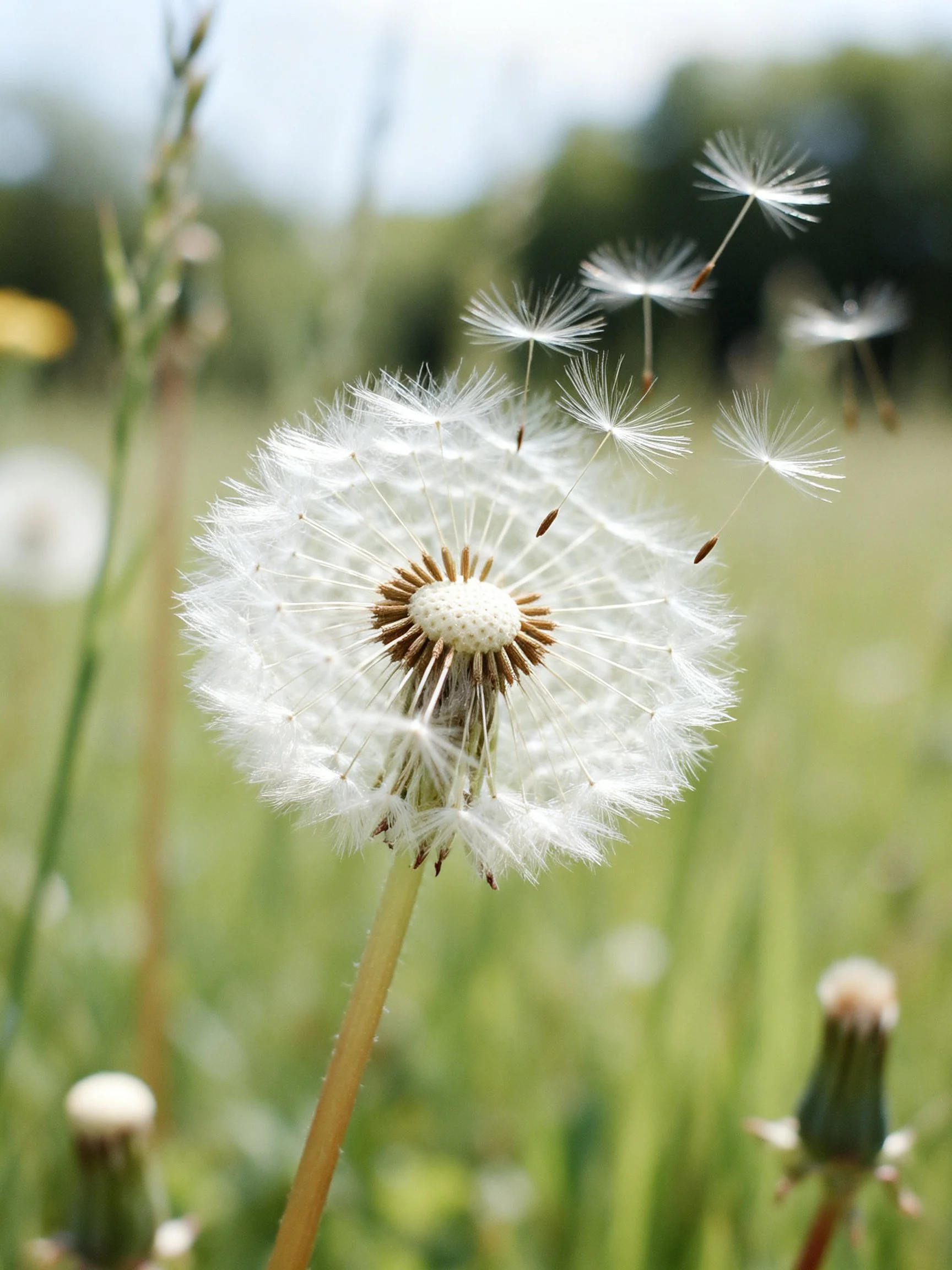 A dandelion seed head with floating seeds in a sunlit meadow