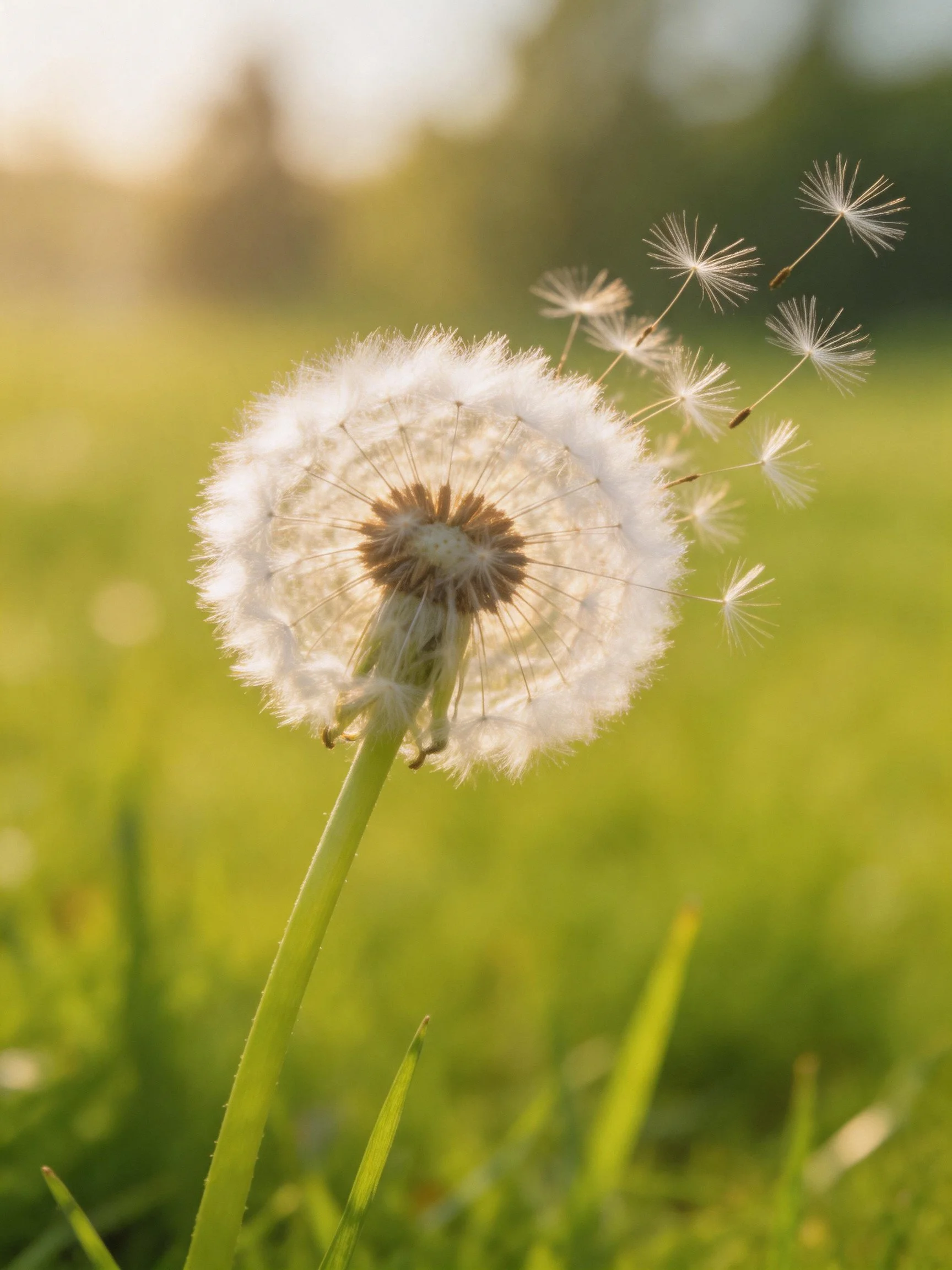 A dandelion seed head with floating seeds in a sunlit meadow