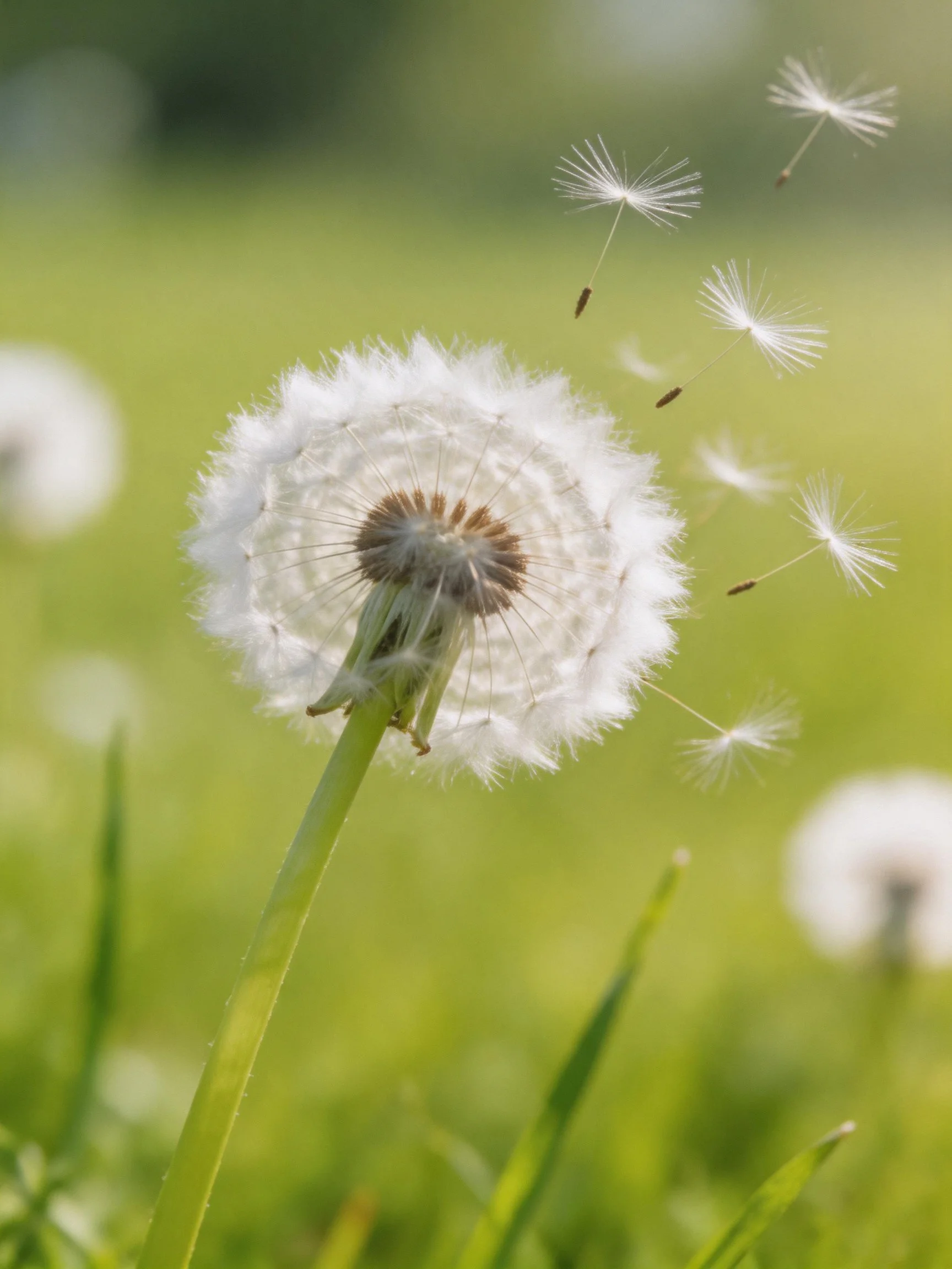 A dandelion seed head with floating white seeds in a green meadow