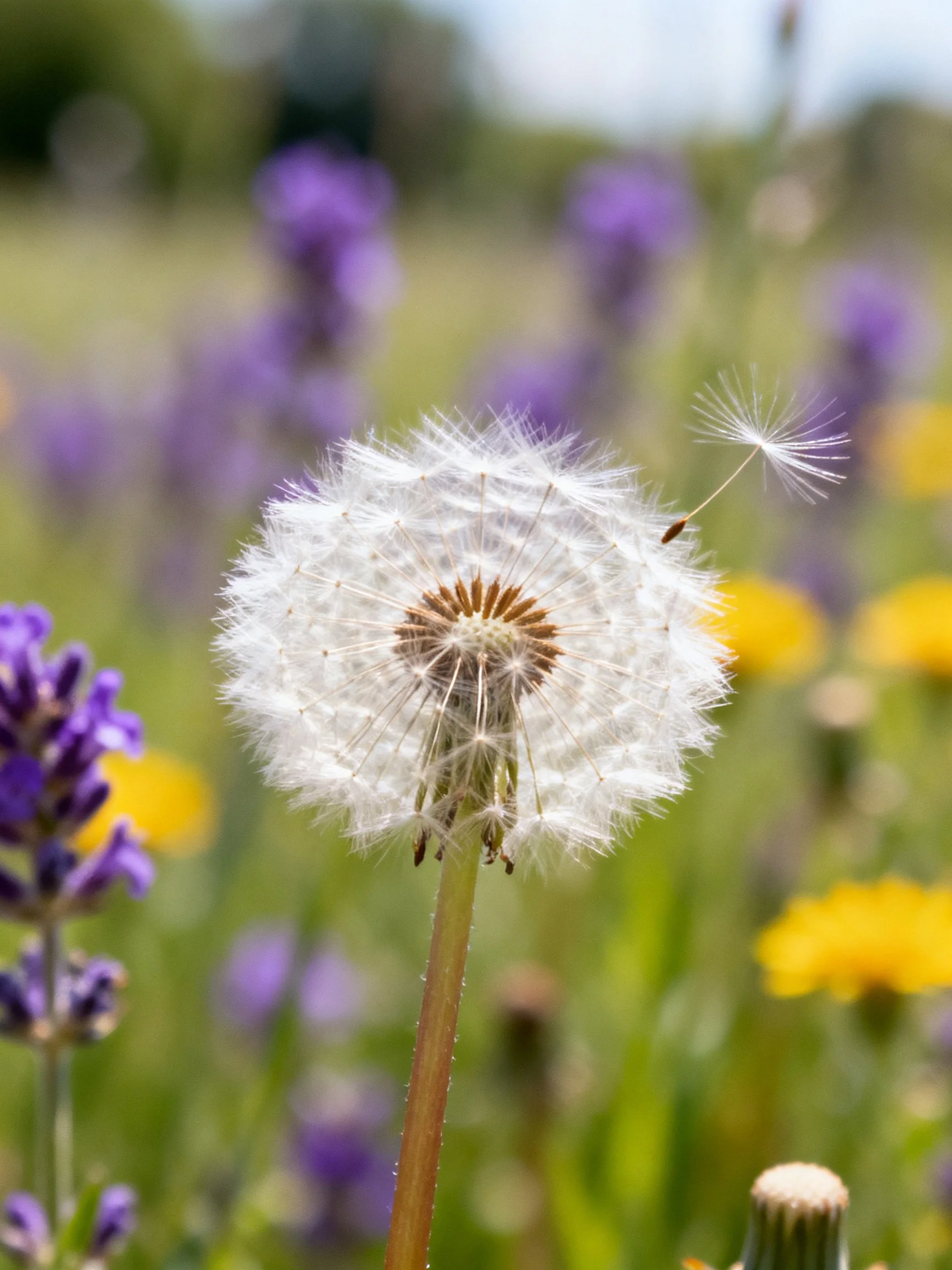 A dandelion seed head with seeds dispersing amid purple and yellow wildflowers