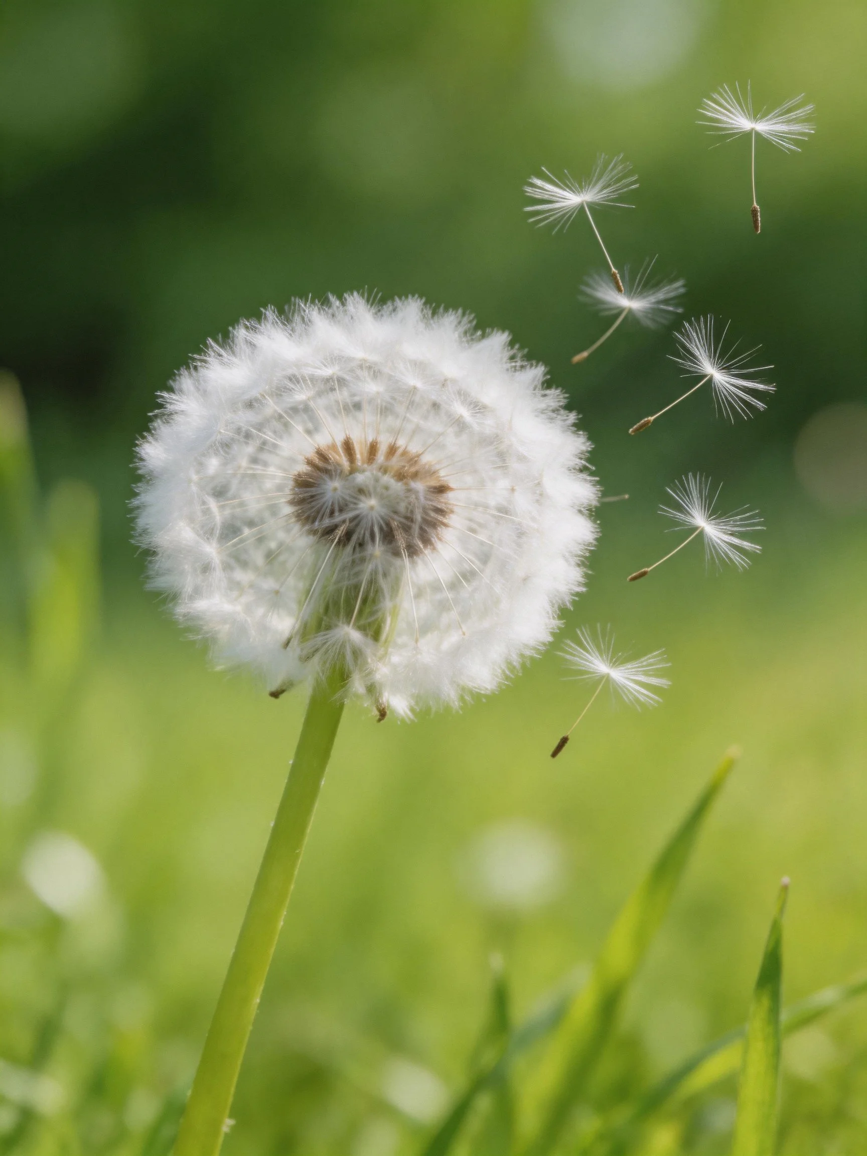 A dandelion seed head with seeds dispersing in a green field