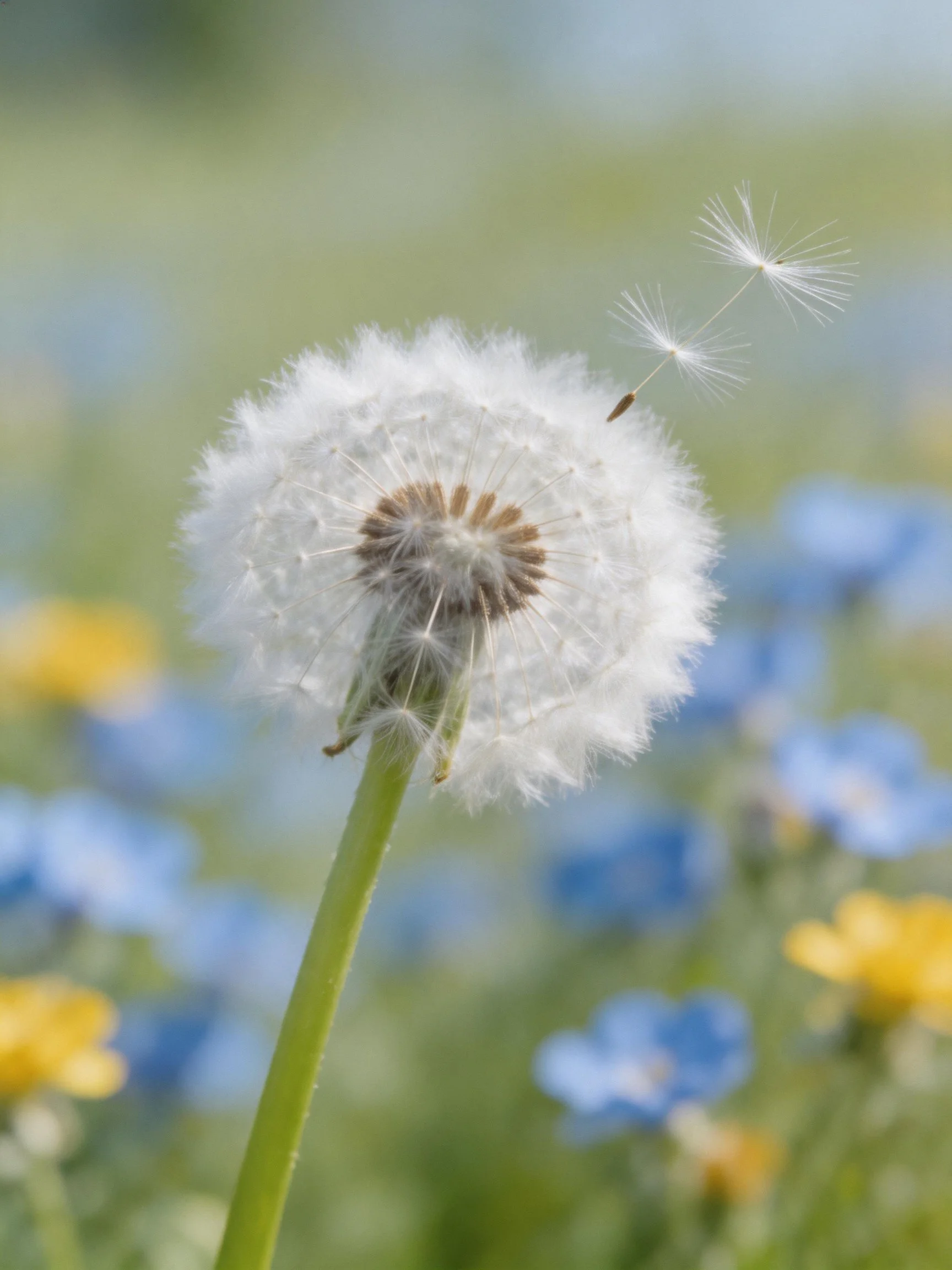 A dandelion seed head with seeds floating, blue and yellow flowers blurred background
