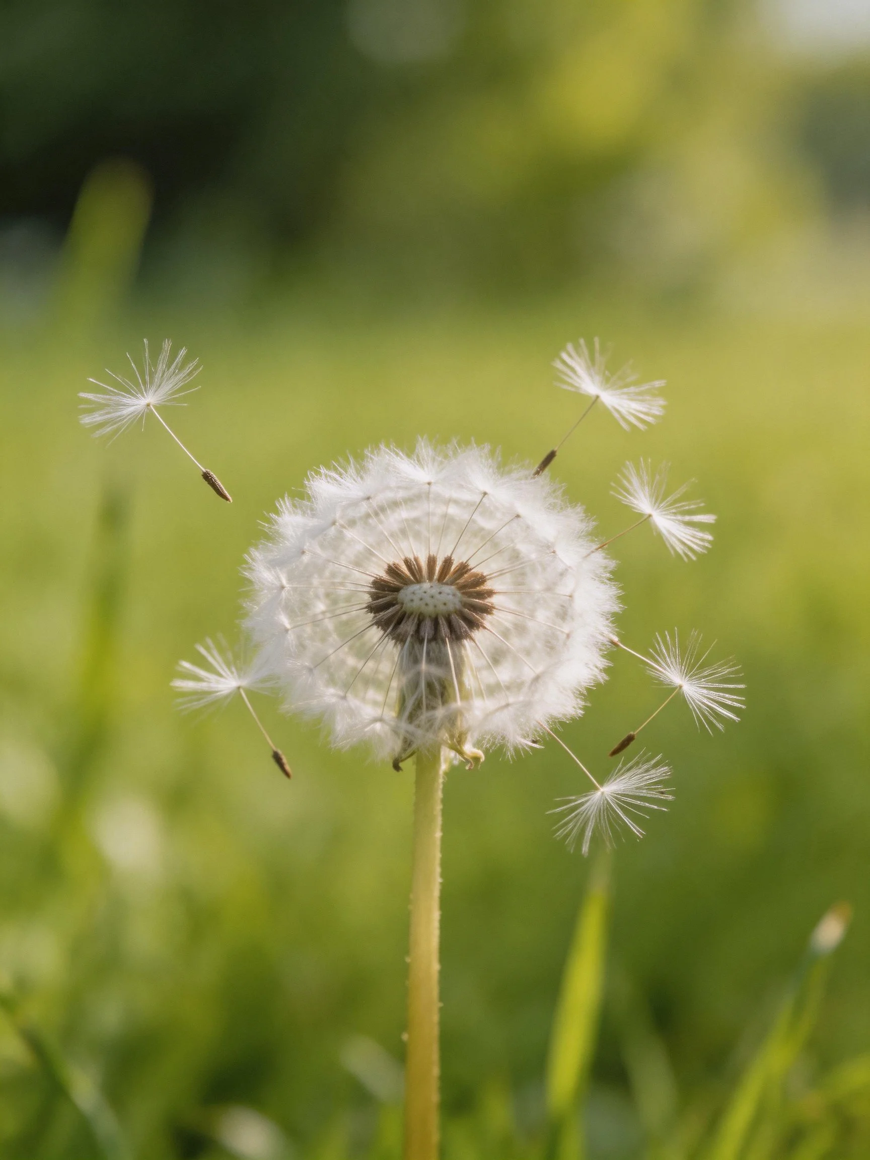 A dandelion seed head with seeds floating in a green meadow