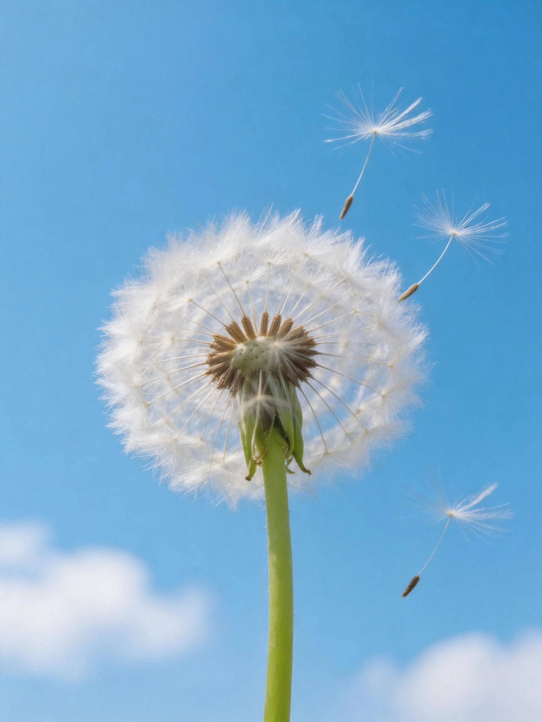 A dandelion seed head with seeds floating in clear blue sky