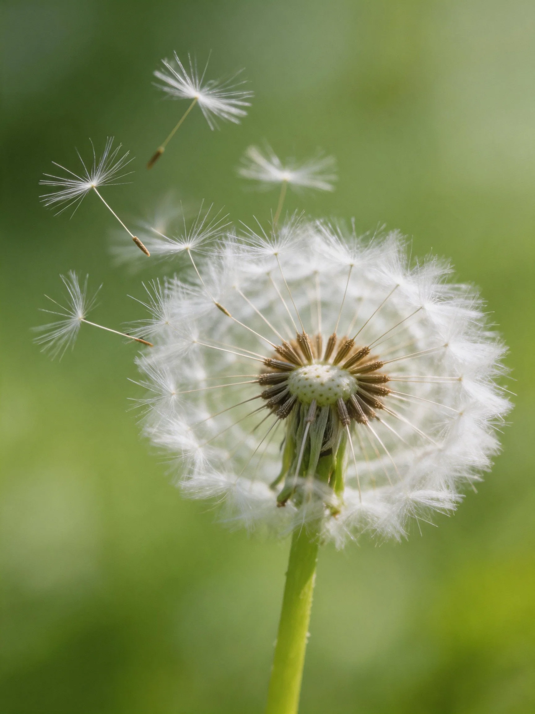 A dandelion seed head with several seeds floating away