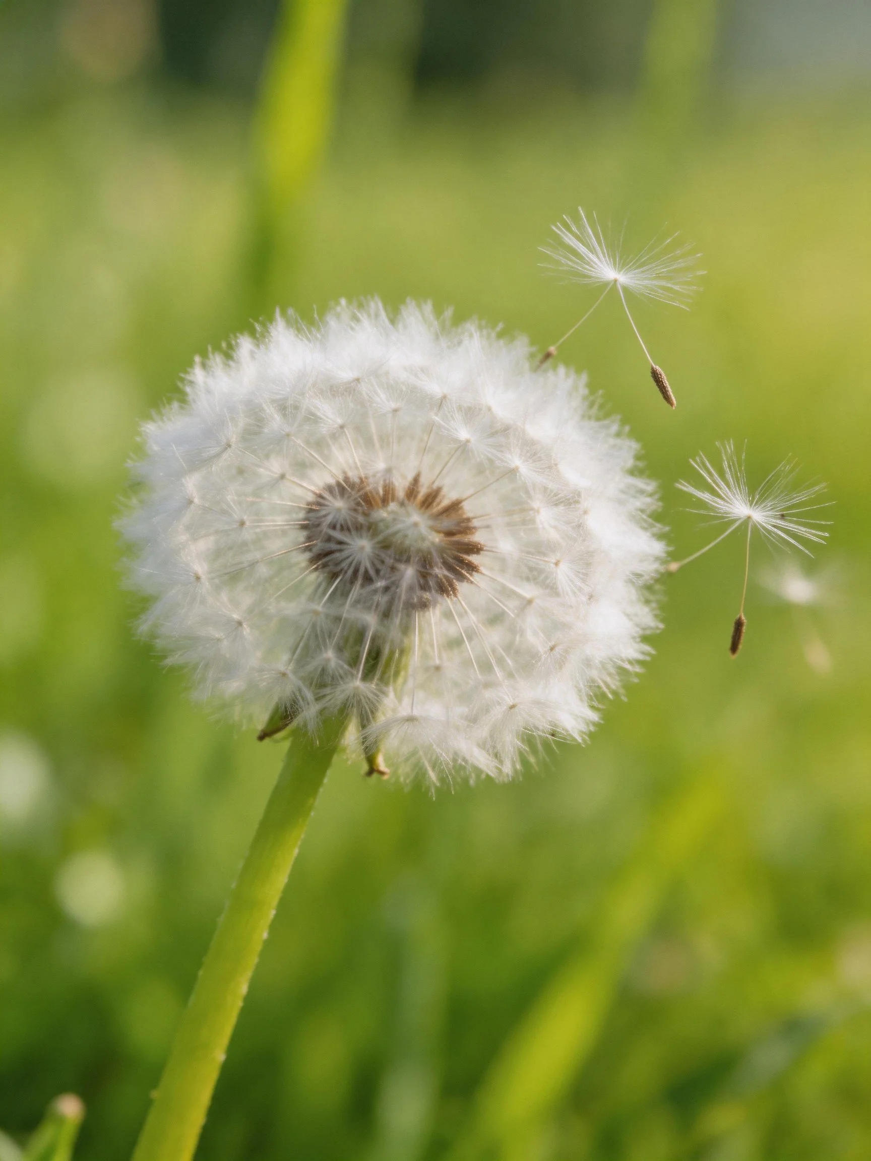 A dandelion seed head with two floating seeds in a green meadow