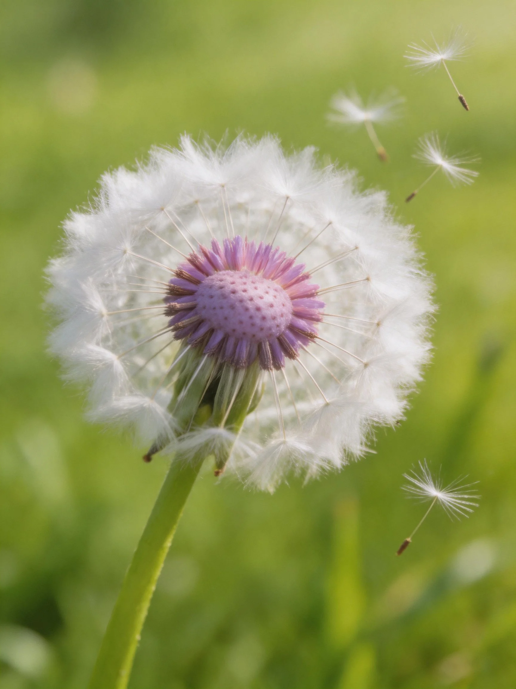 A dandelion with a purple center and white fluffy seeds