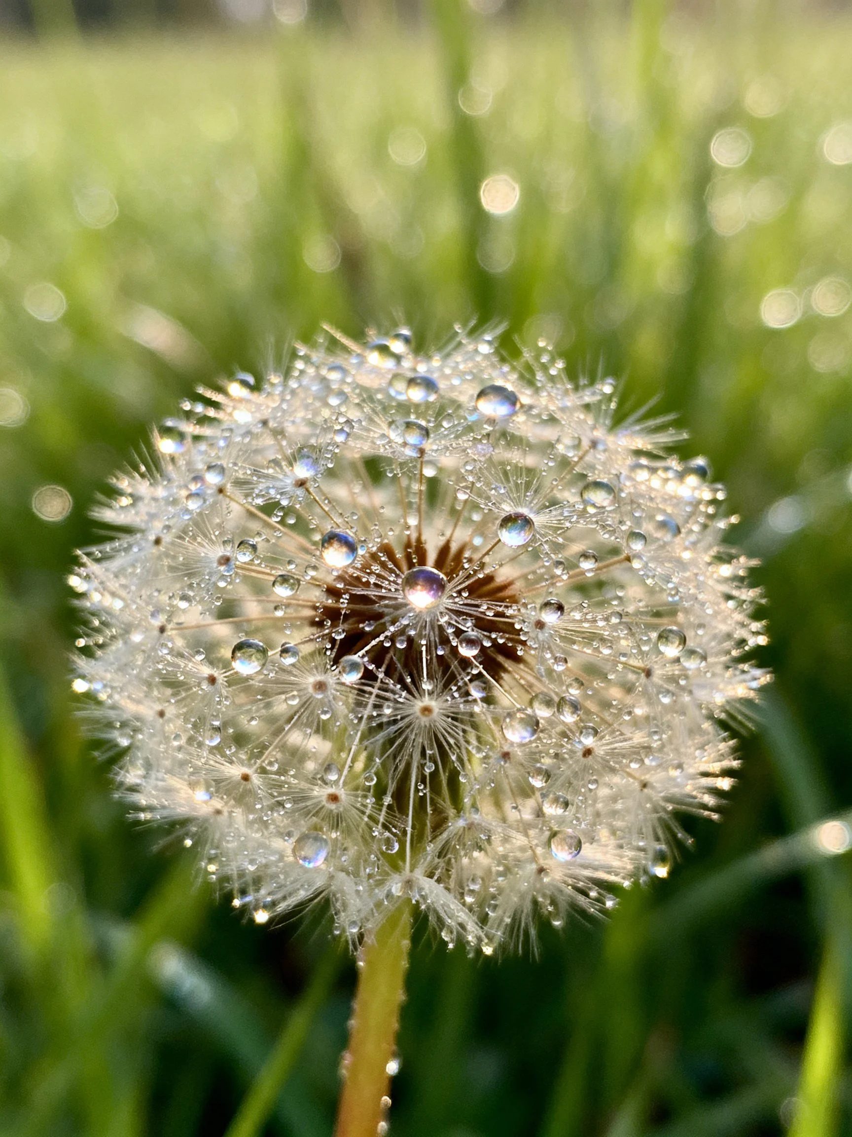 A dandelion with glistening dewdrops in a green meadow