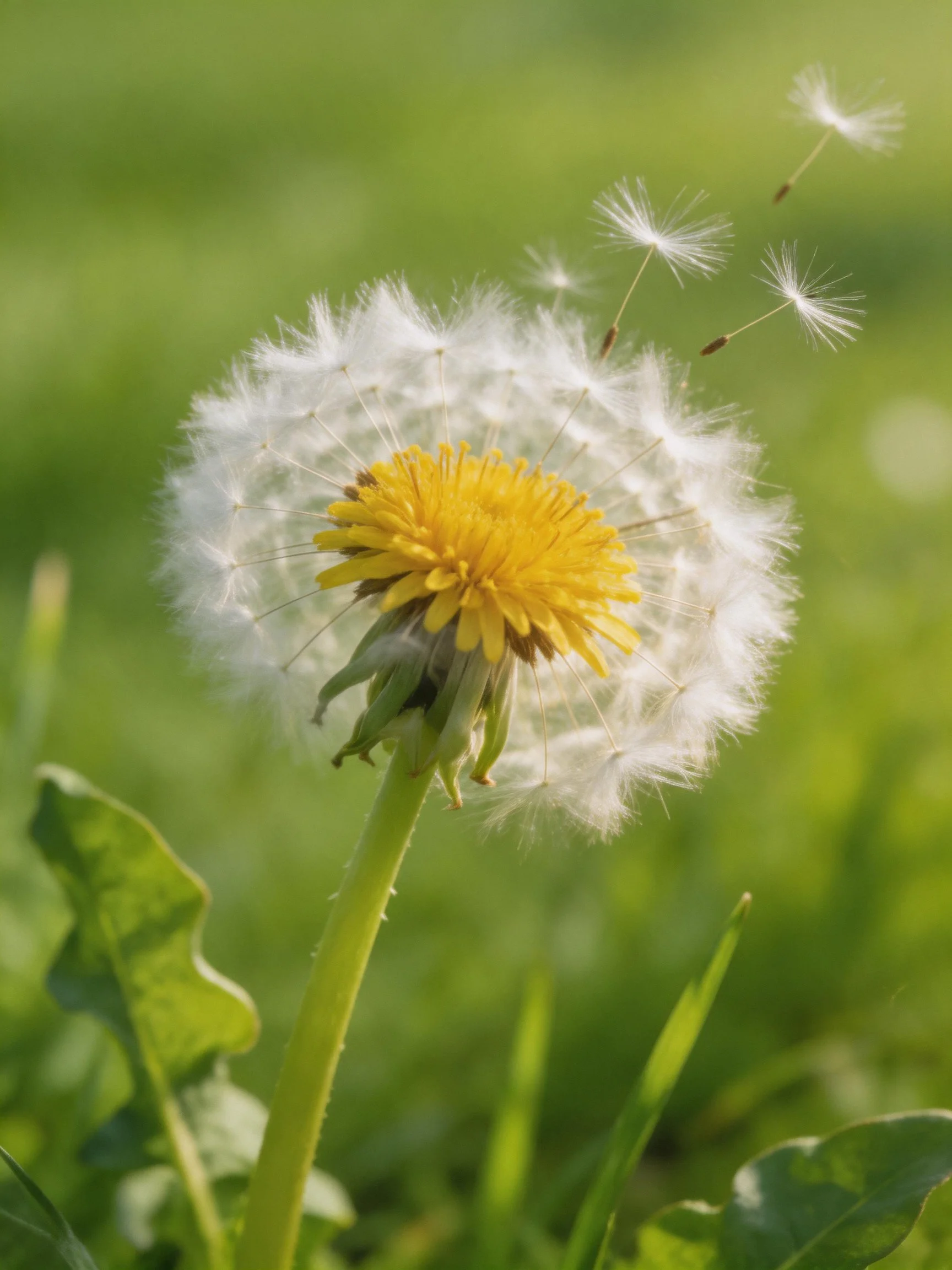 A dandelion with seeds dispersing in a green meadow