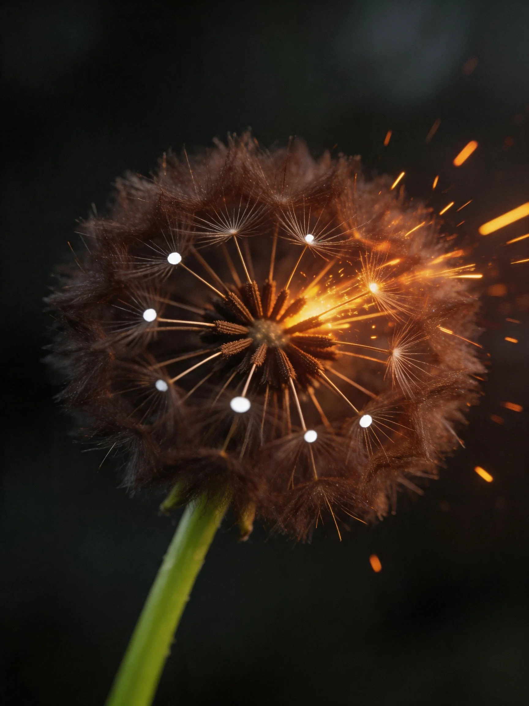 A dark brown dandelion seed head with golden light effects