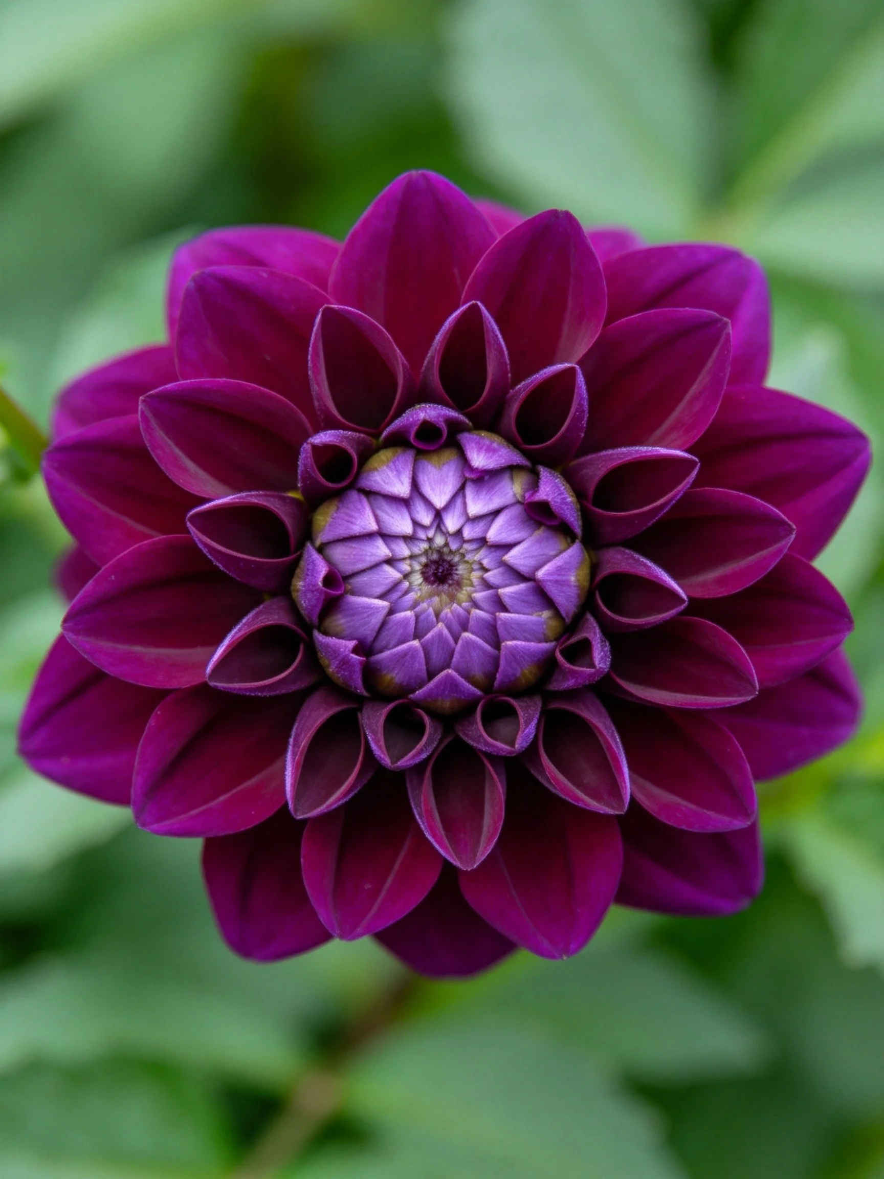 A dark magenta dahlia with layered petals and a purple center