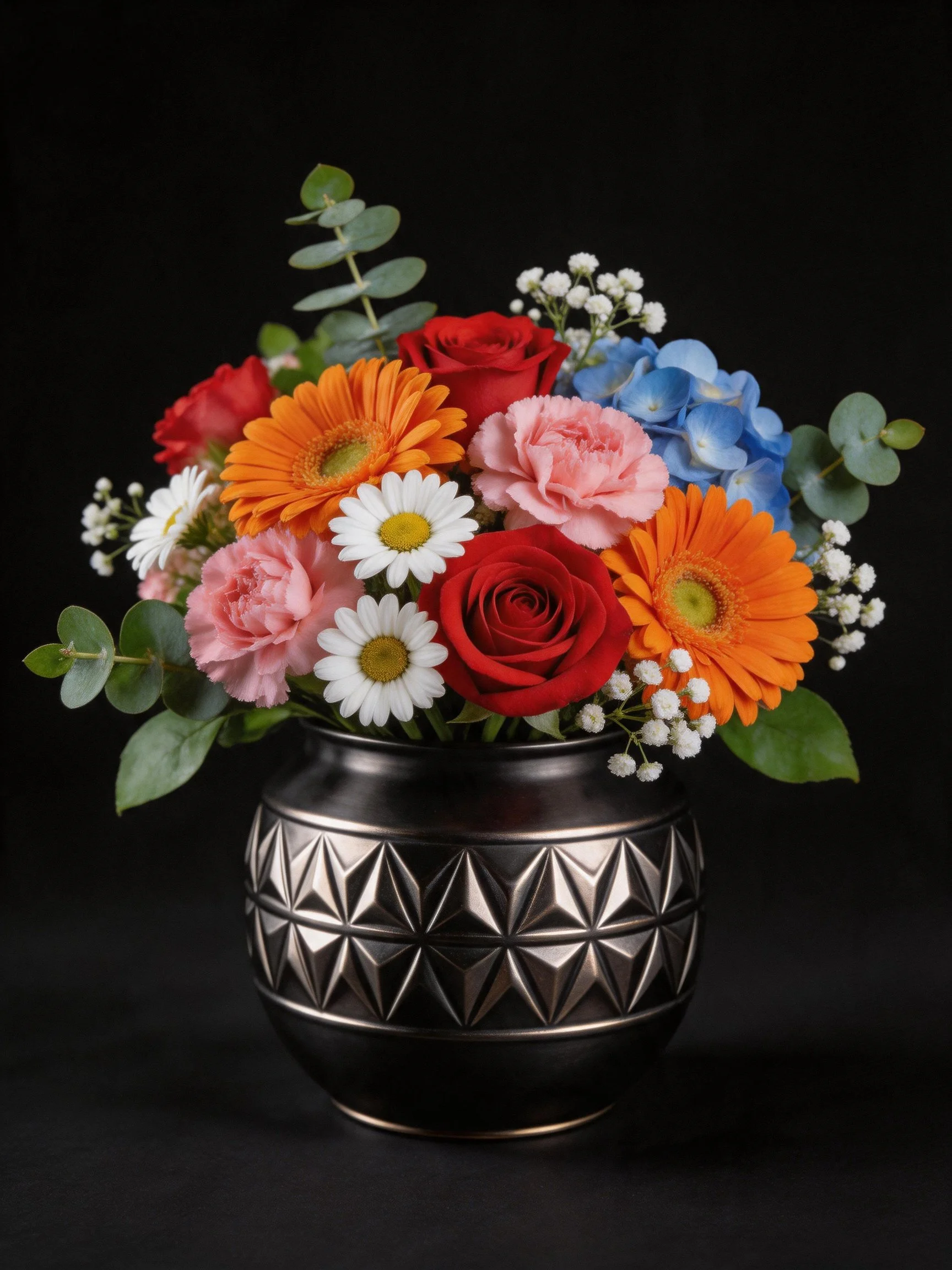A dark metallic vase holds a vibrant mix of red roses, orange gerbera daisies, pink carnations, blue 