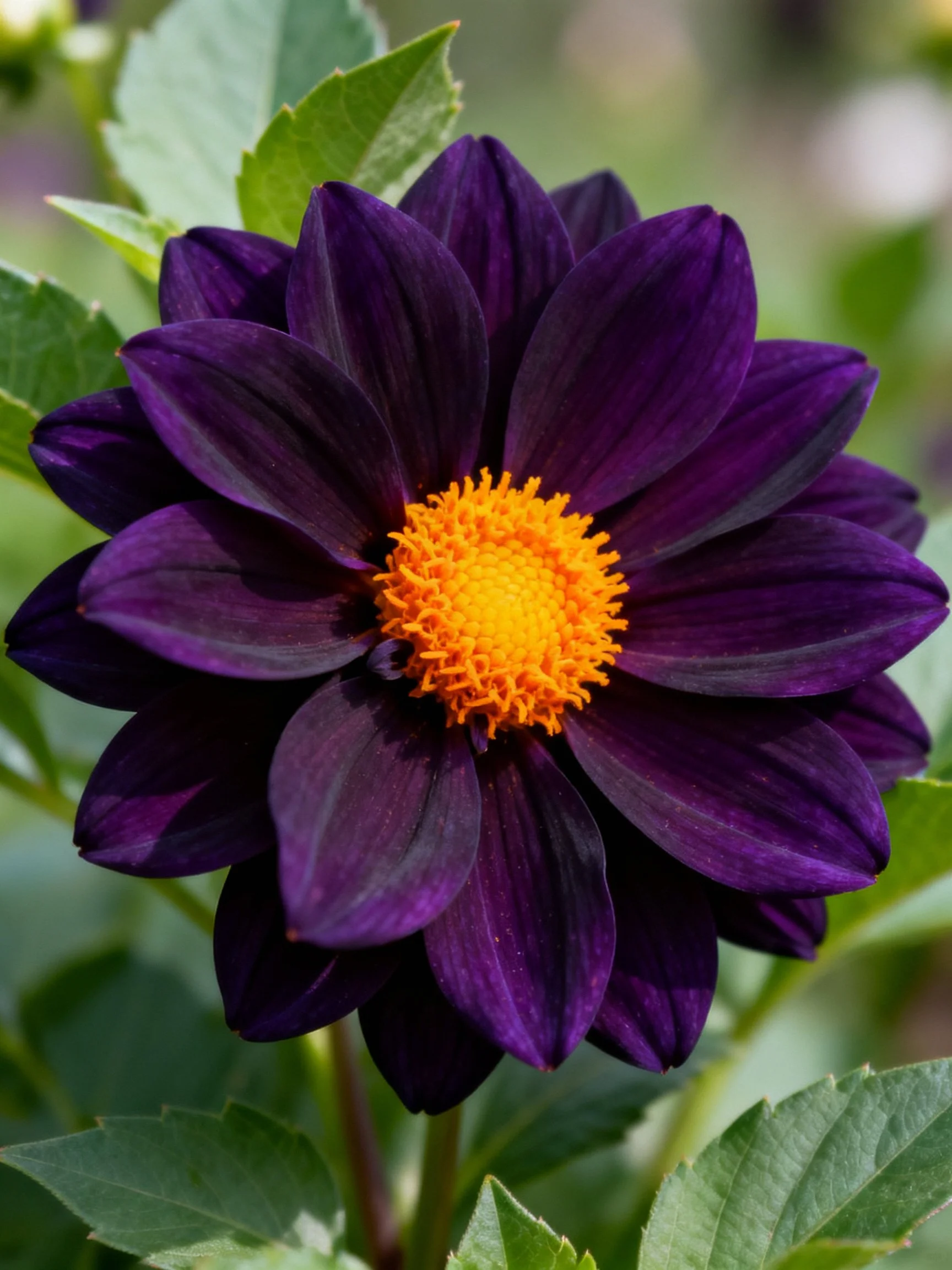 A dark purple dahlia with a bright orange center