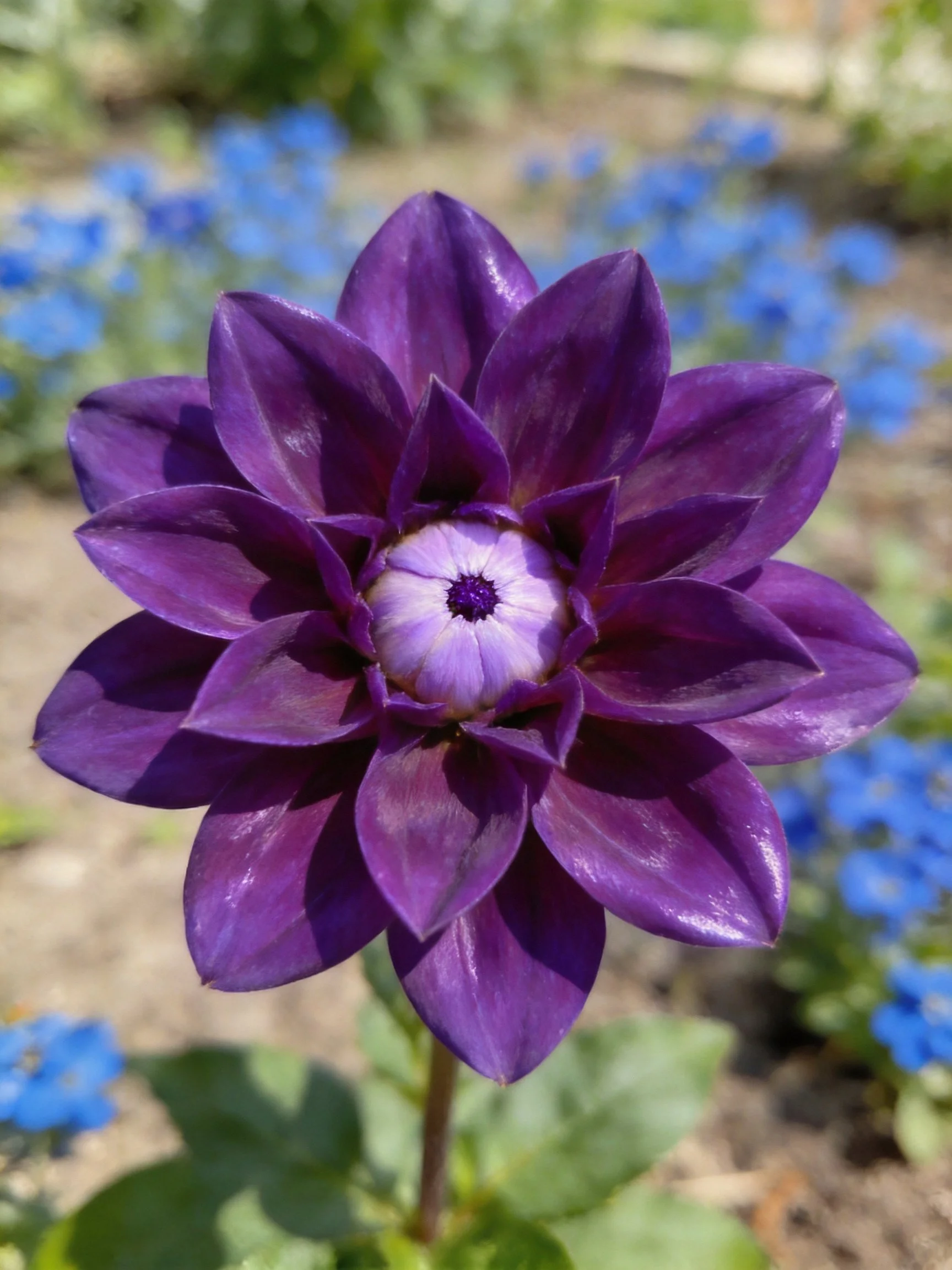 A dark purple dahlia with layered petals and blue floral backdrop