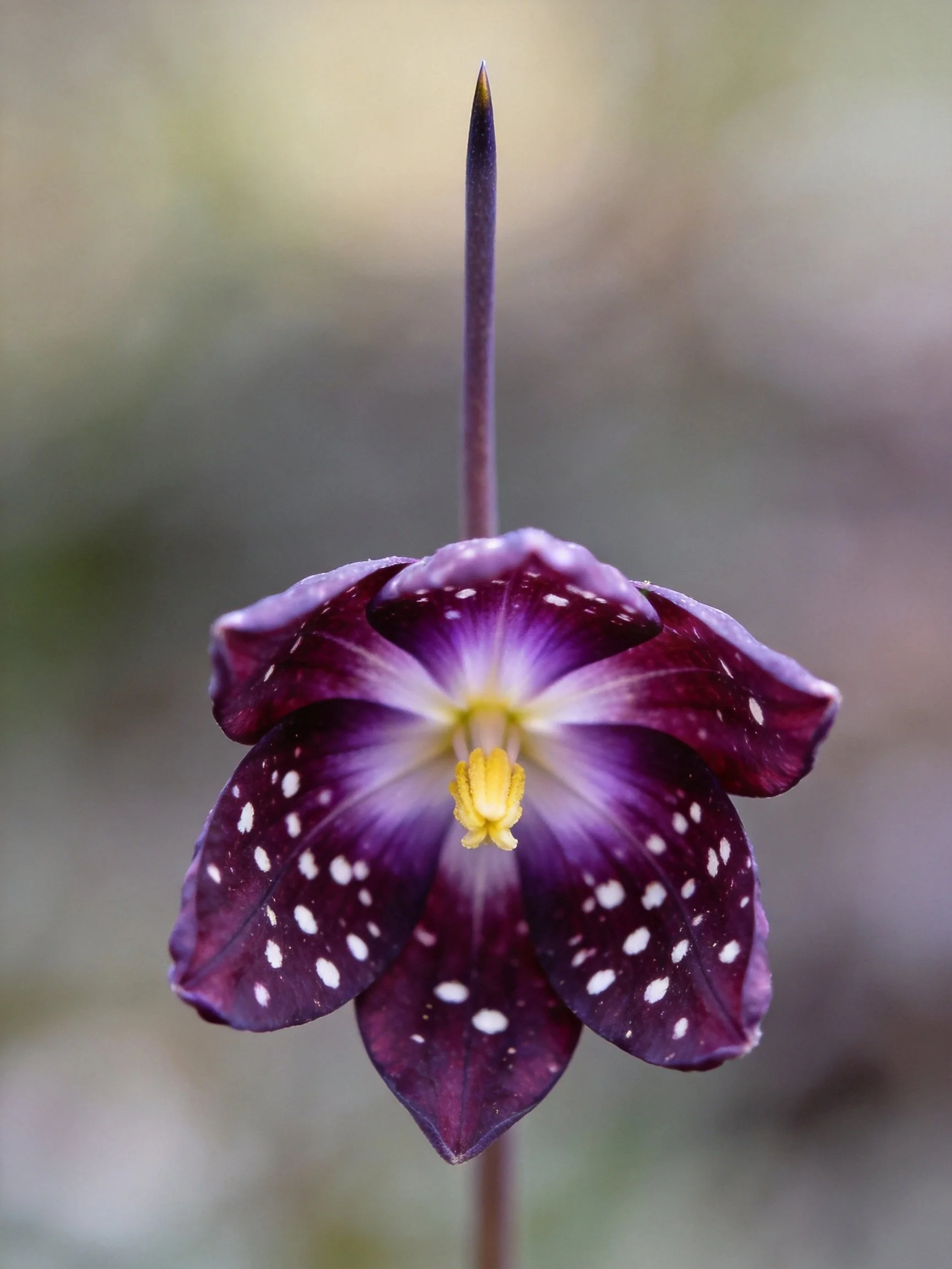 A dark purple spotted flower with a tall slender stem
