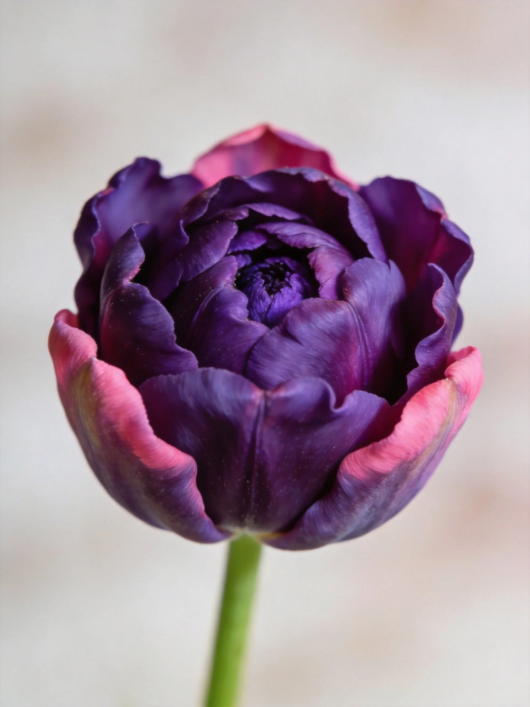 A dark purple tulip with pink-edged petals