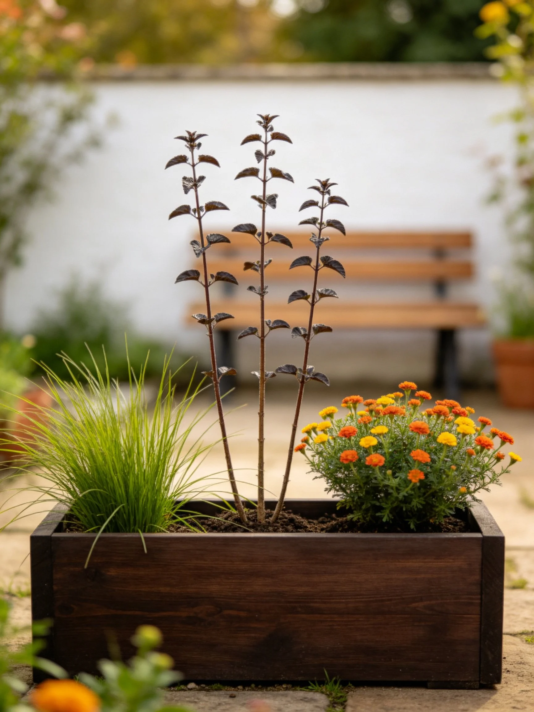 A dark wooden planter with mixed plants beside a wooden bench