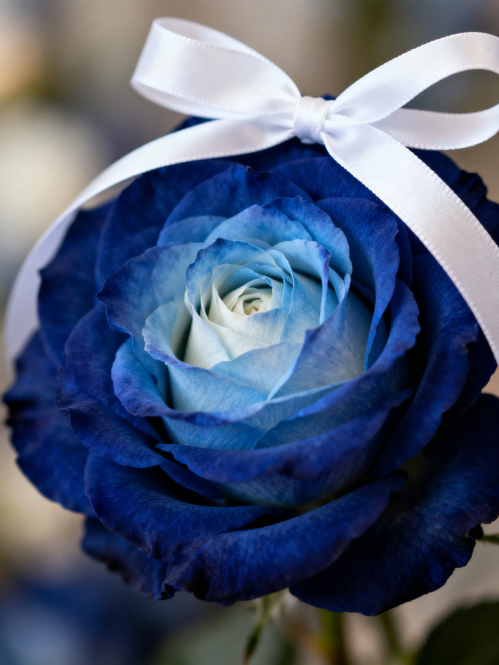 A deep blue rose adorned with a white satin ribbon