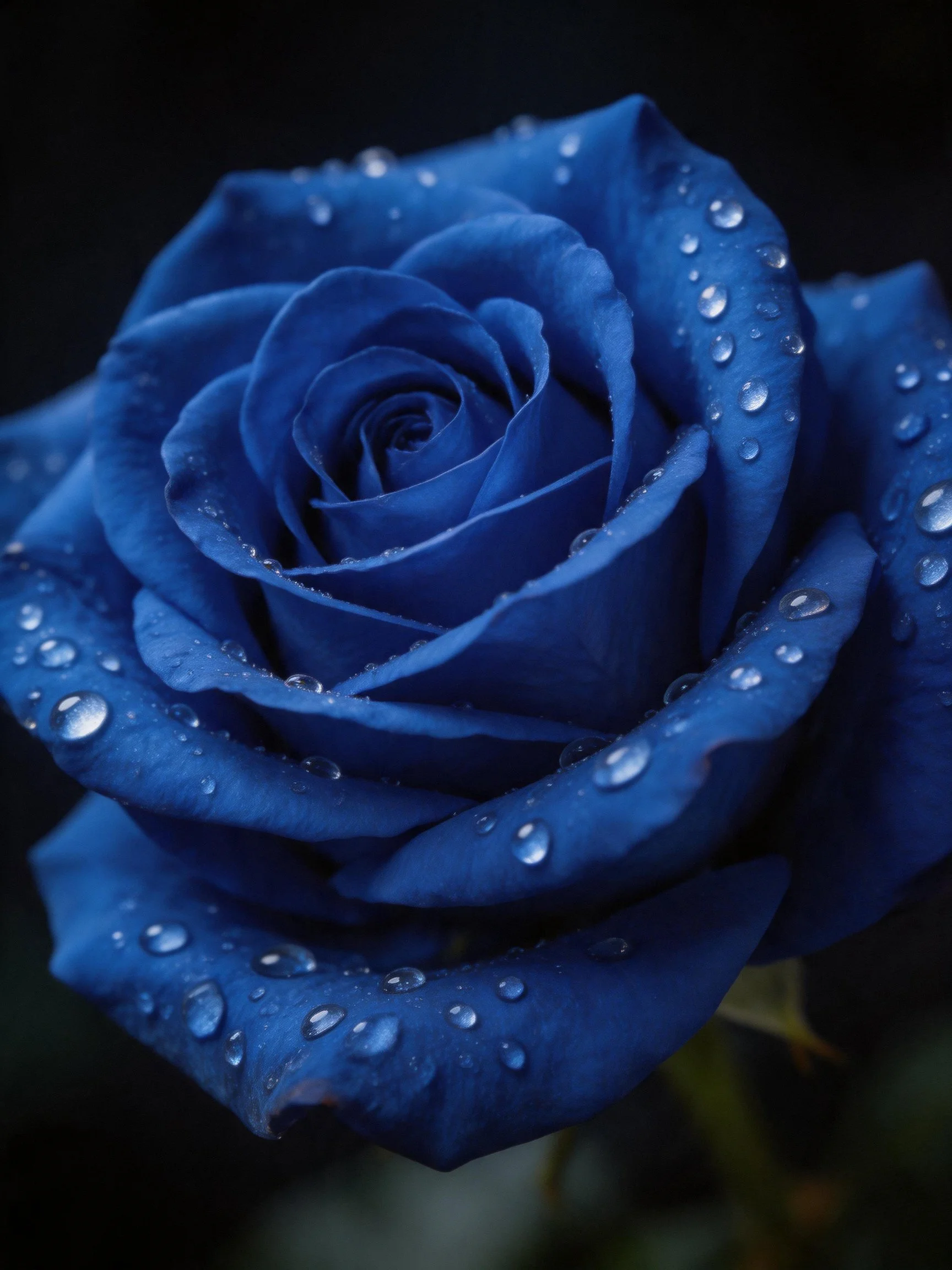 A deep blue rose adorned with glistening dewdrops