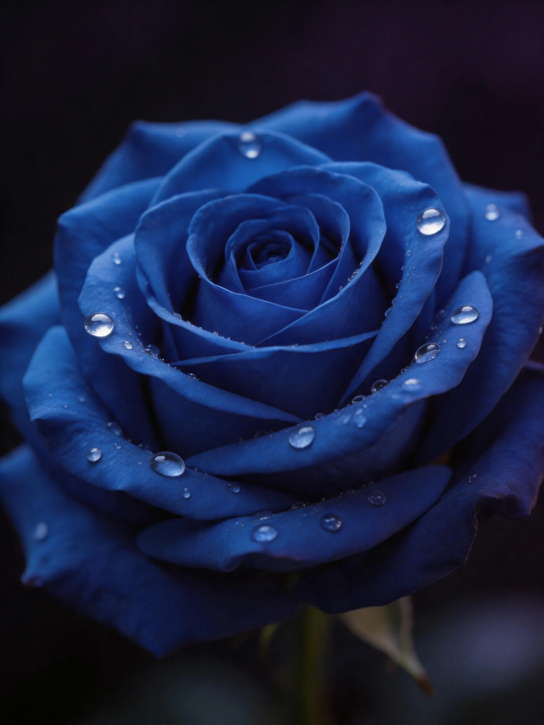 A deep blue rose adorned with glistening water droplets