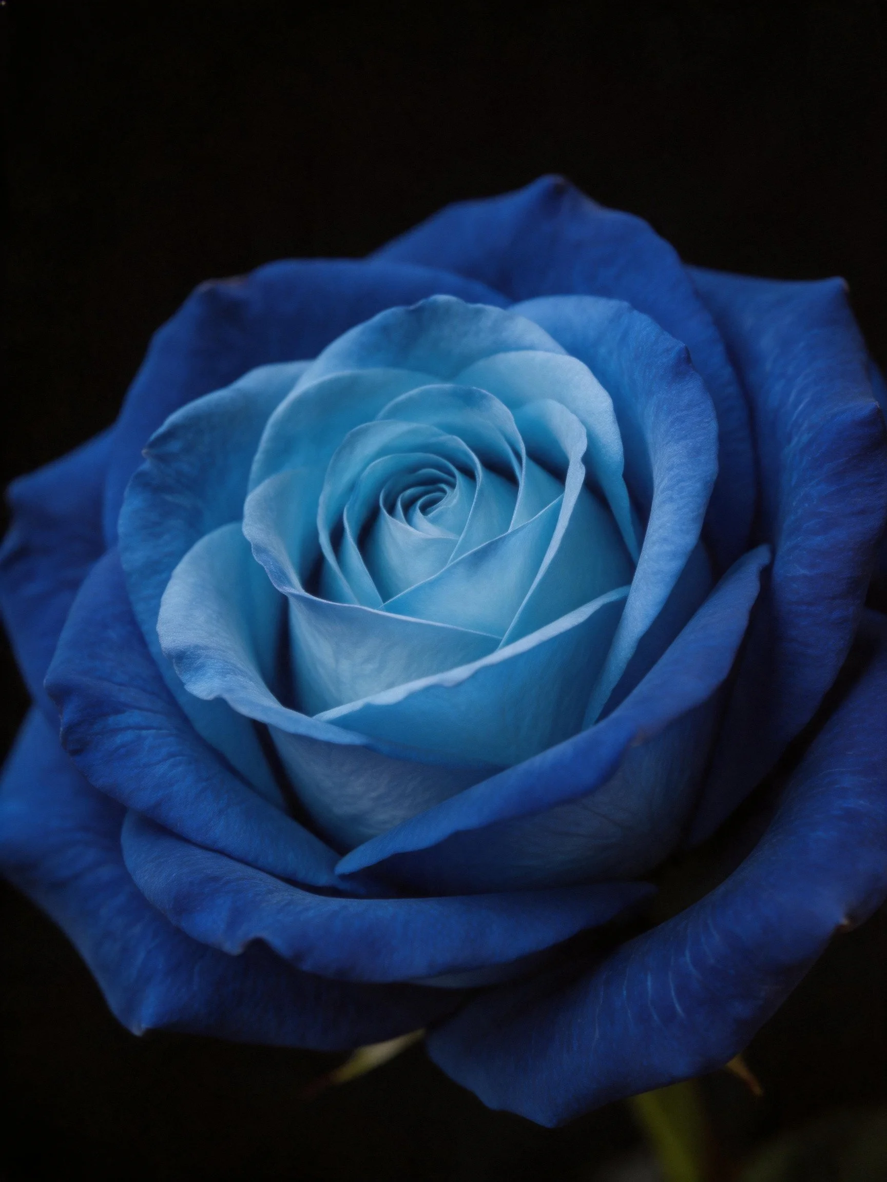 A deep blue rose with layered petals against a black backdrop