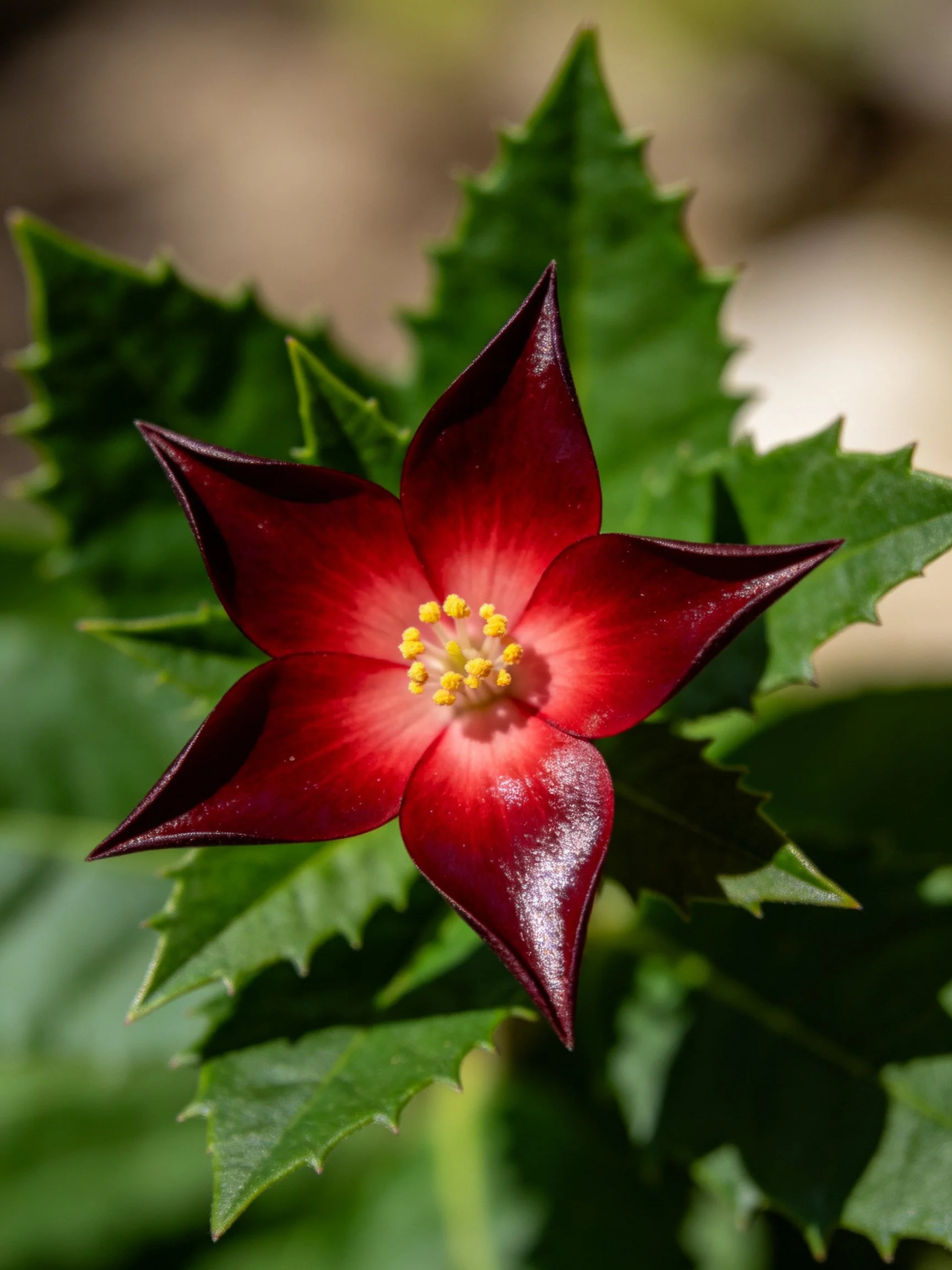 A deep crimson five - petaled flower with serrated green leaves