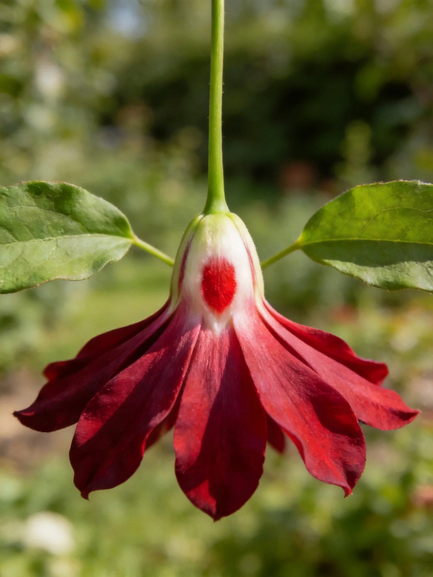 A deep crimson flower with green leaves, suspended from a slender stem