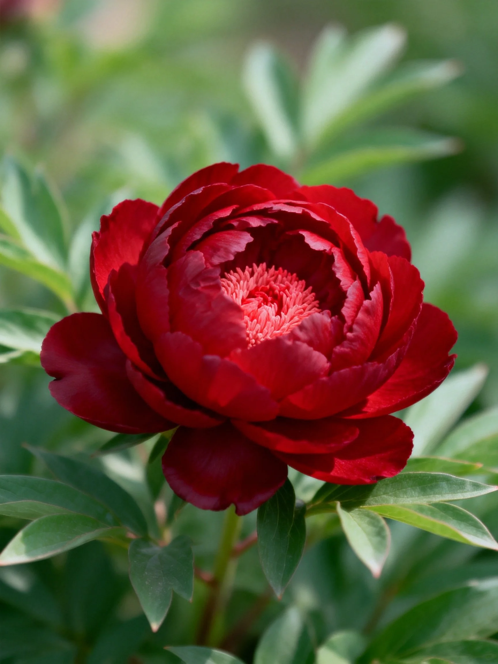 A deep crimson peony flower surrounded by green foliage