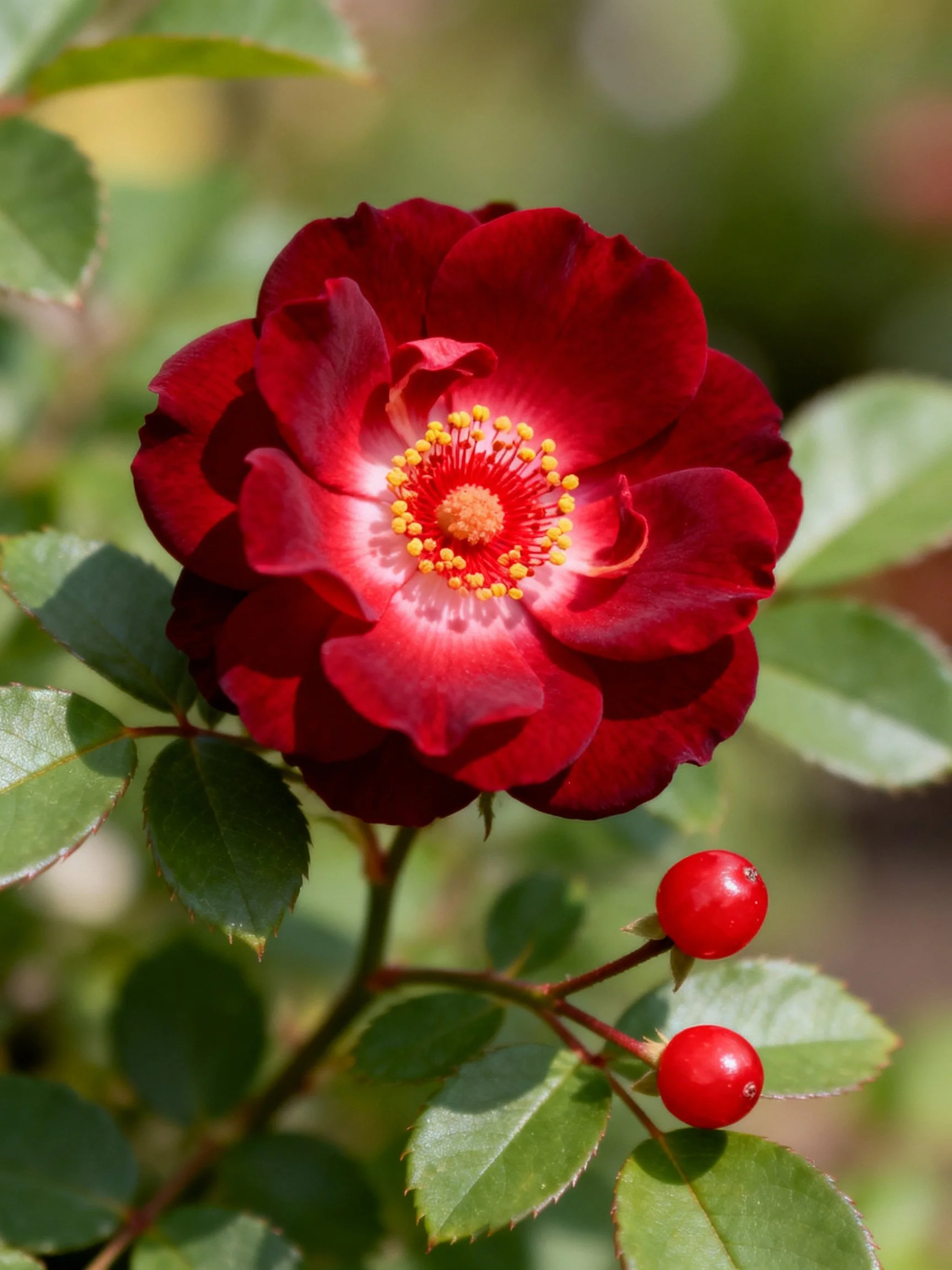 A deep crimson rose with yellow center, two red berries, and green leaves