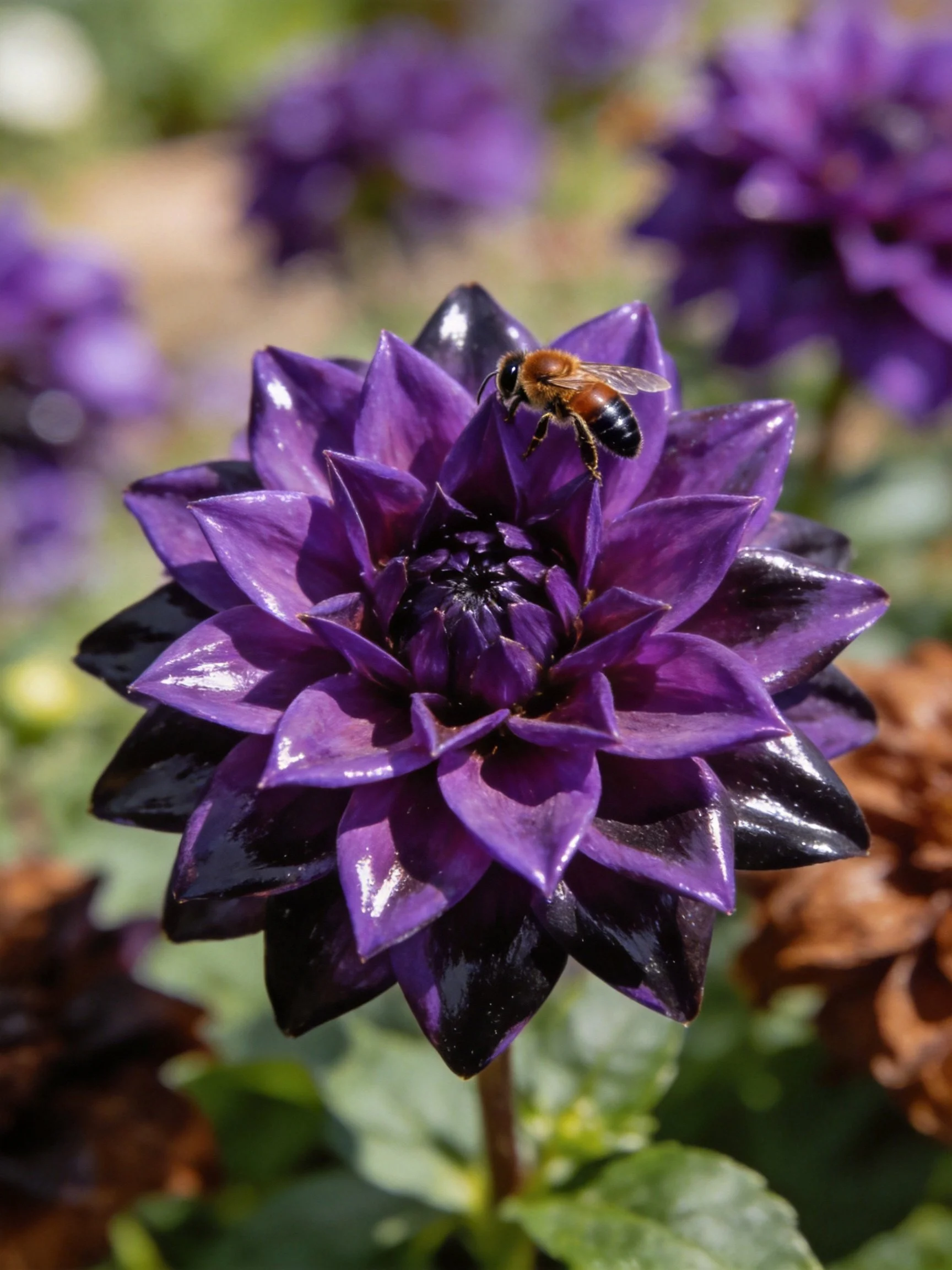 A deep purple dahlia with a honeybee resting on its petals