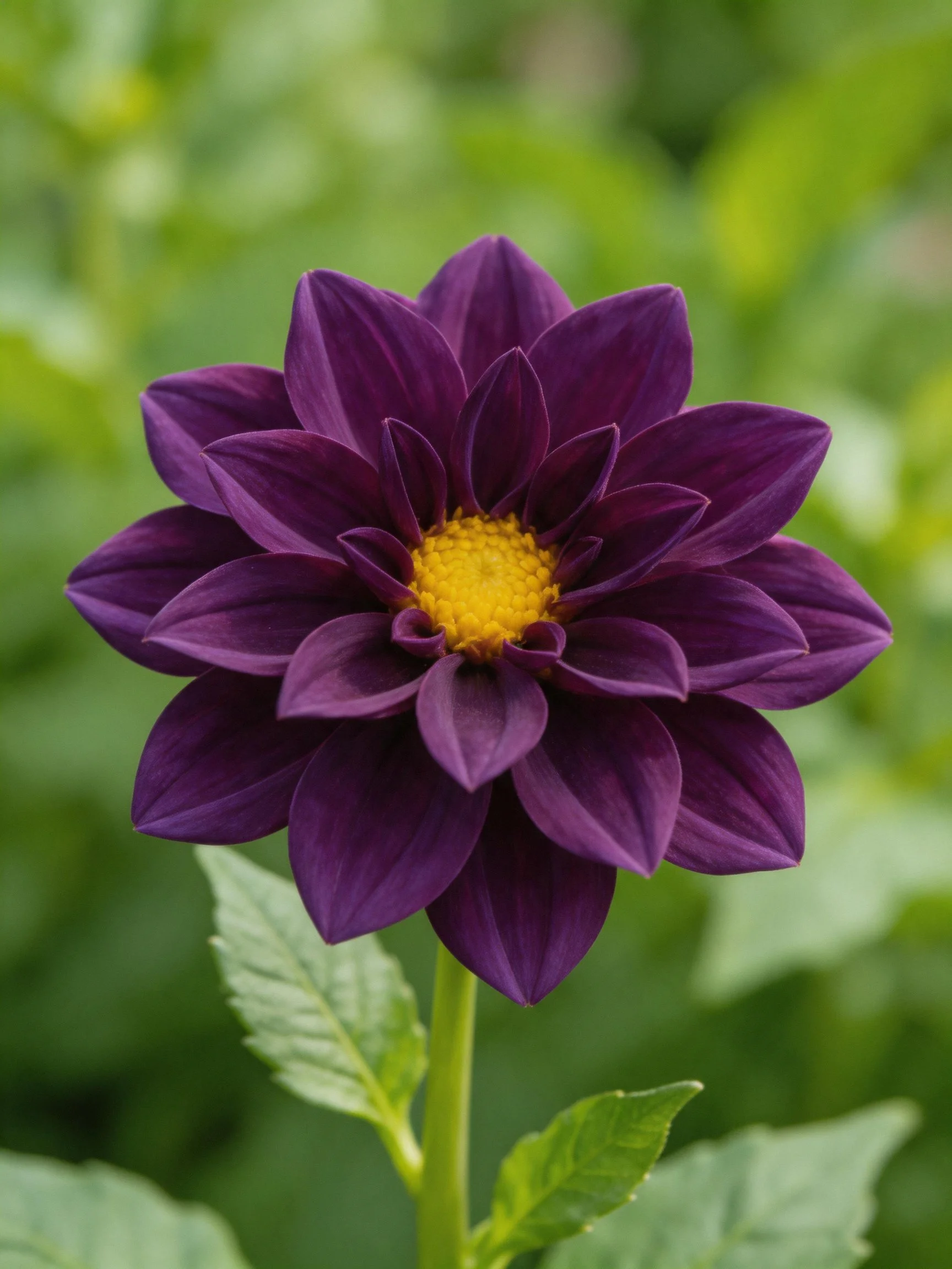 A deep purple dahlia with layered petals and a bright yellow center