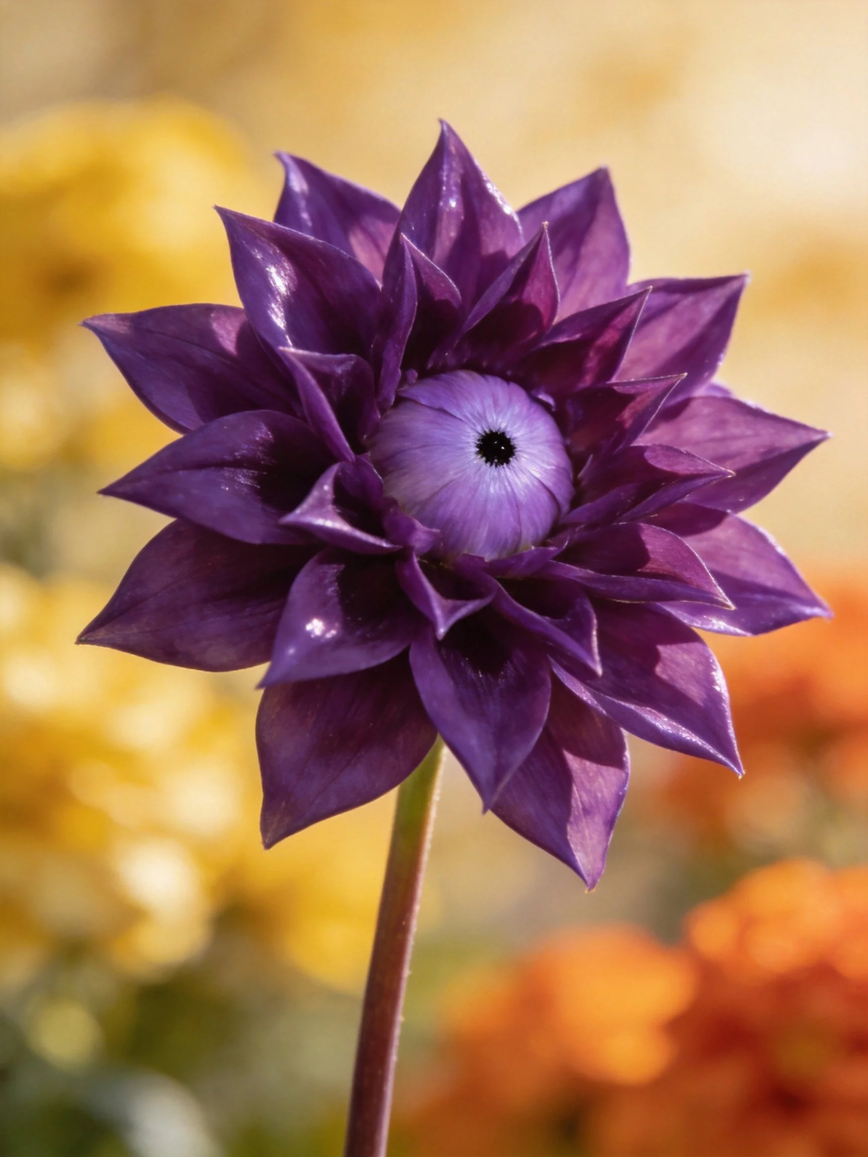 A deep purple dahlia with layered petals and a lavender center