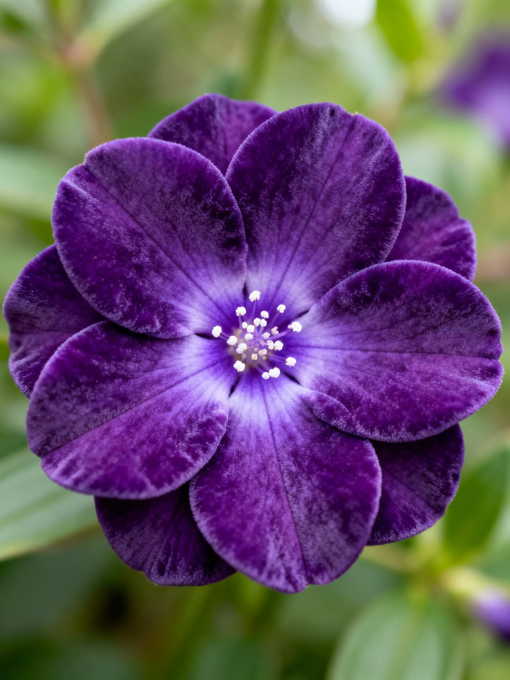 A deep purple flower with layered petals and central stamen cluster