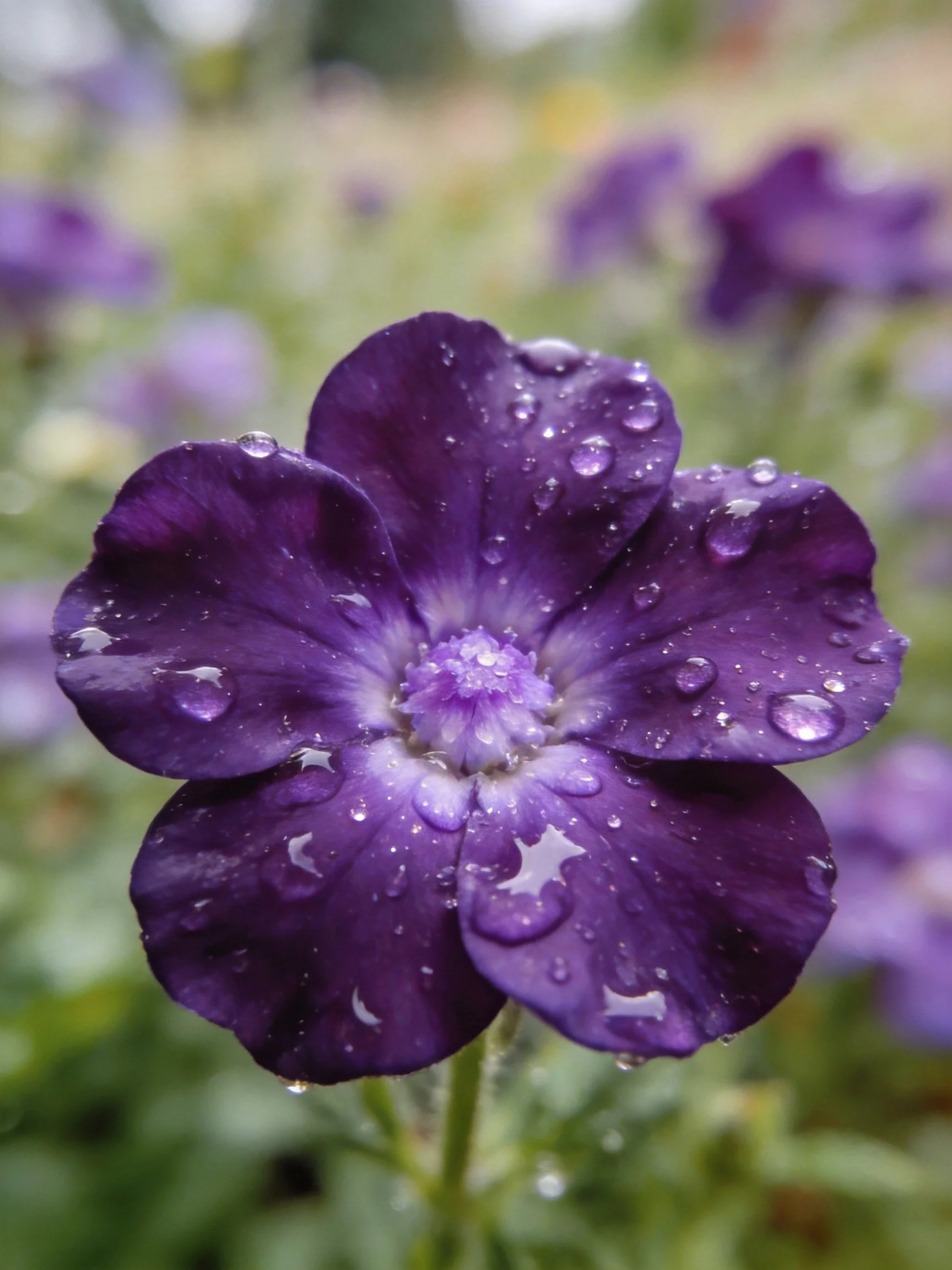 A deep purple flower with water droplets on petals